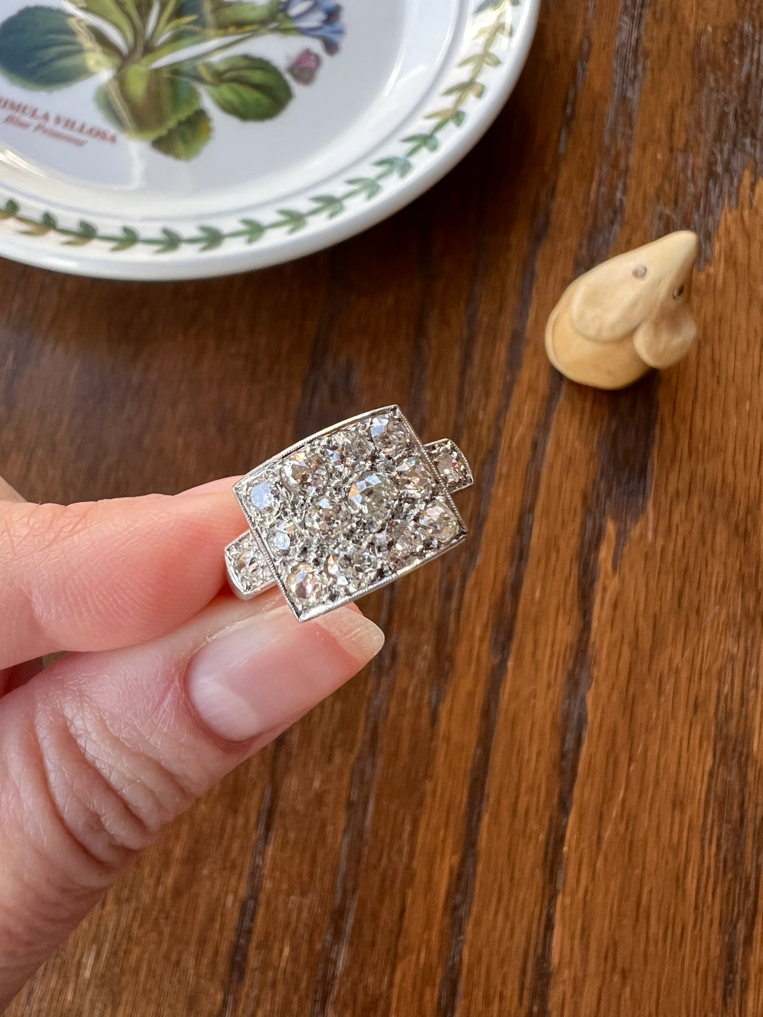 Two Carat 14 Old Mine Cut DIAMOND Curved Cluster Grid Ring French Antique Platinum Cobblestone - Image 19