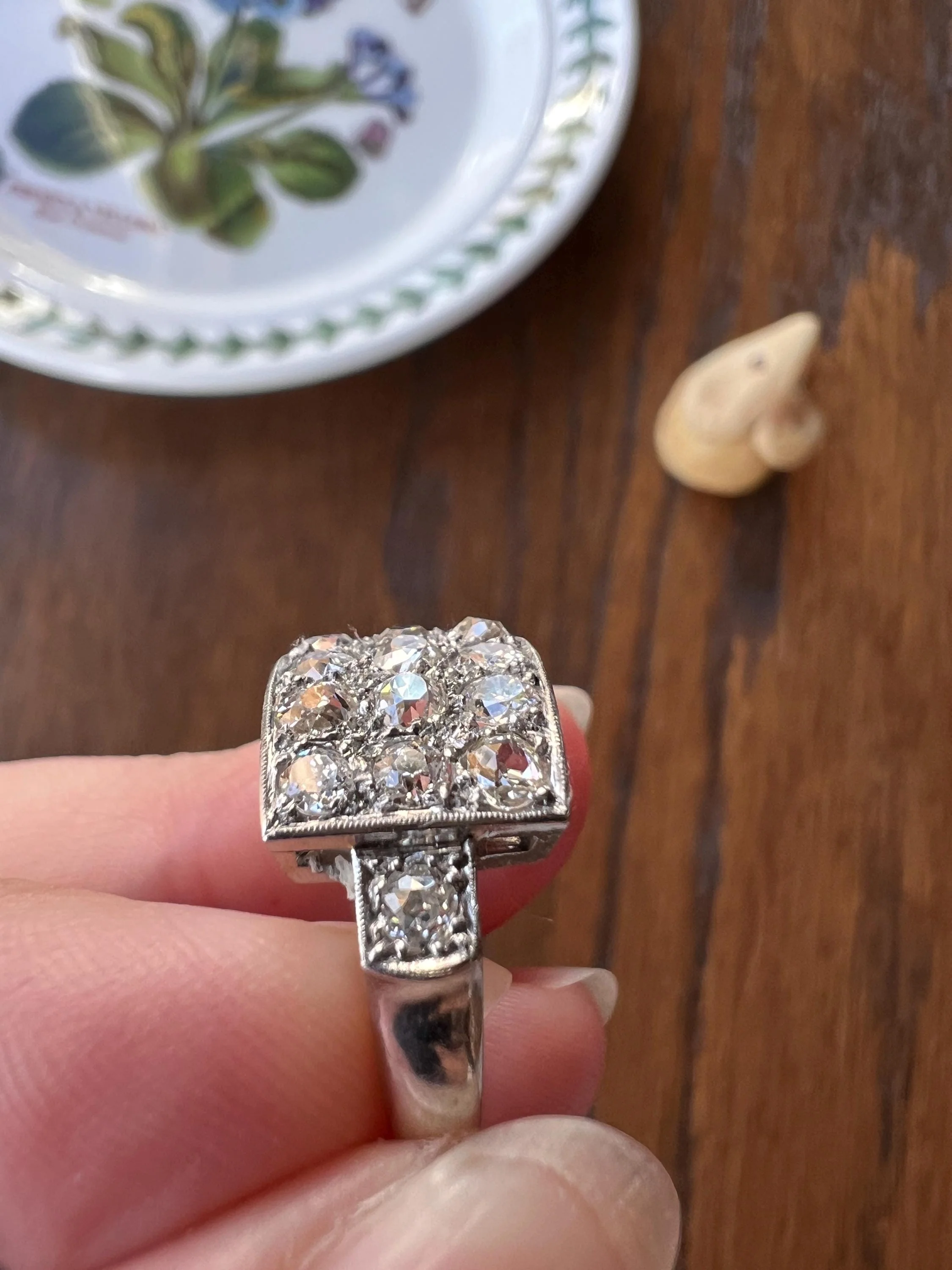 Two Carat 14 Old Mine Cut DIAMOND Curved Cluster Grid Ring French Antique Platinum Cobblestone - Image 2
