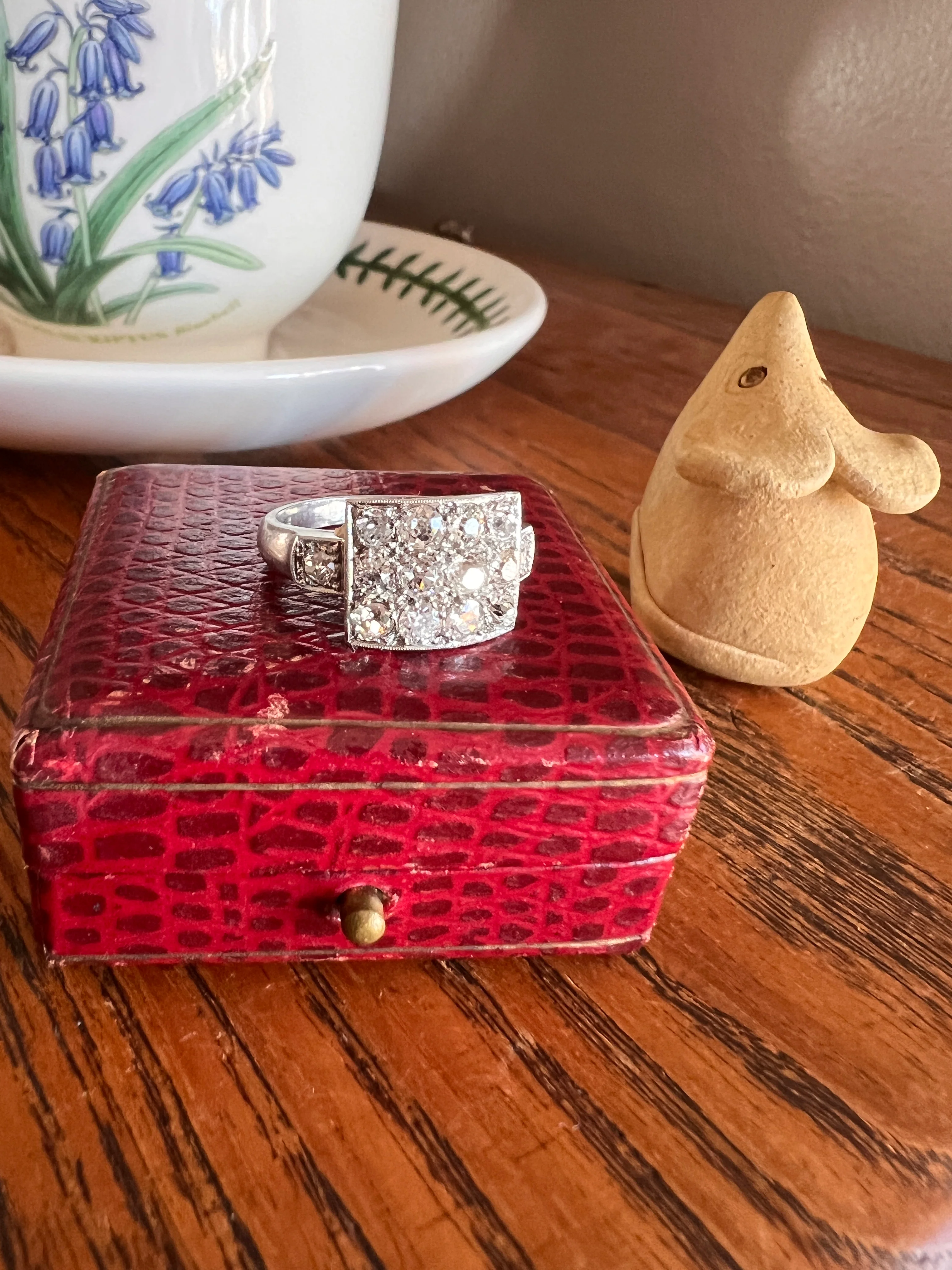 Two Carat 14 Old Mine Cut DIAMOND Curved Cluster Grid Ring French Antique Platinum Cobblestone - Image 20