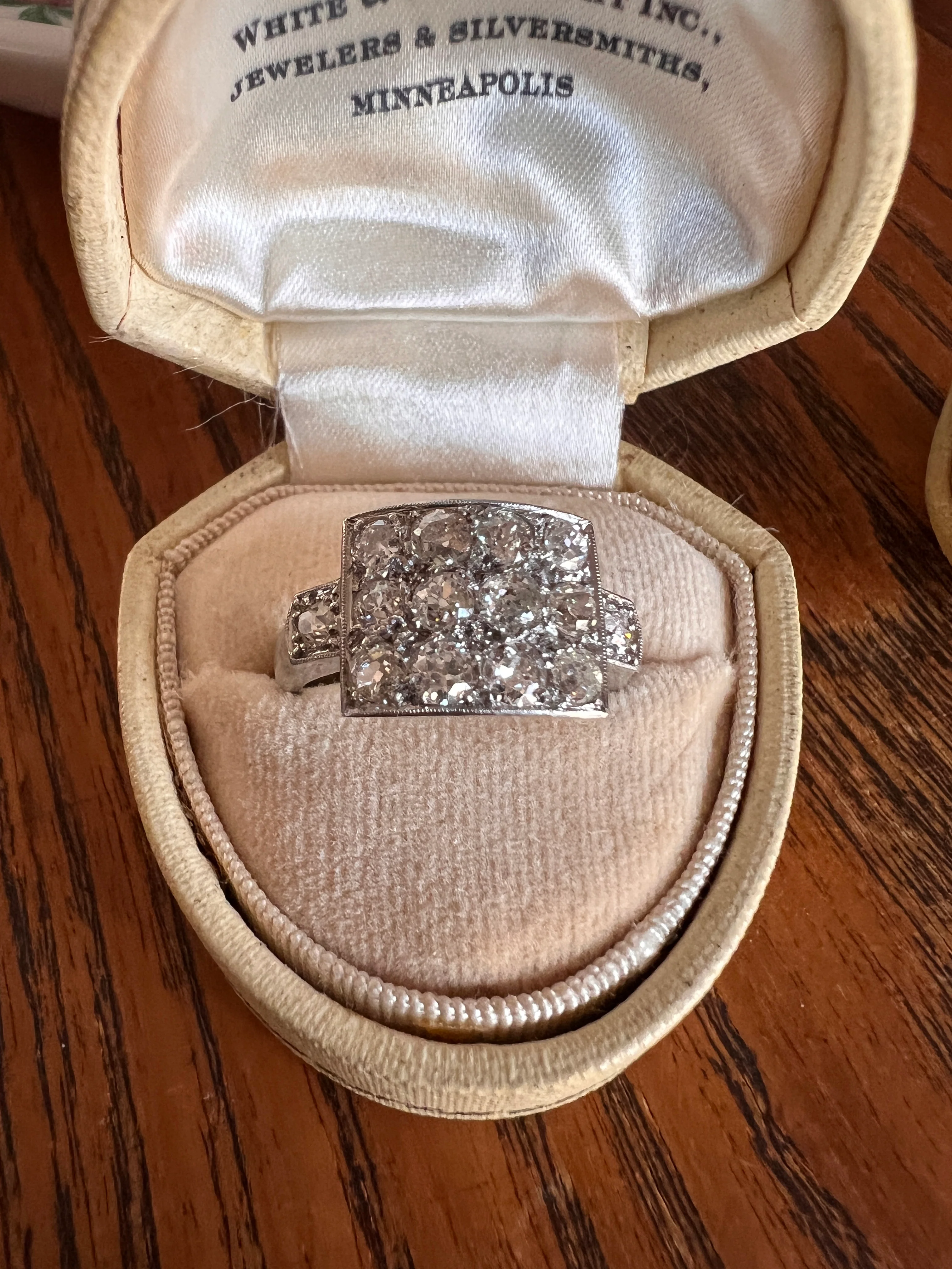 Two Carat 14 Old Mine Cut DIAMOND Curved Cluster Grid Ring French Antique Platinum Cobblestone - Image 23
