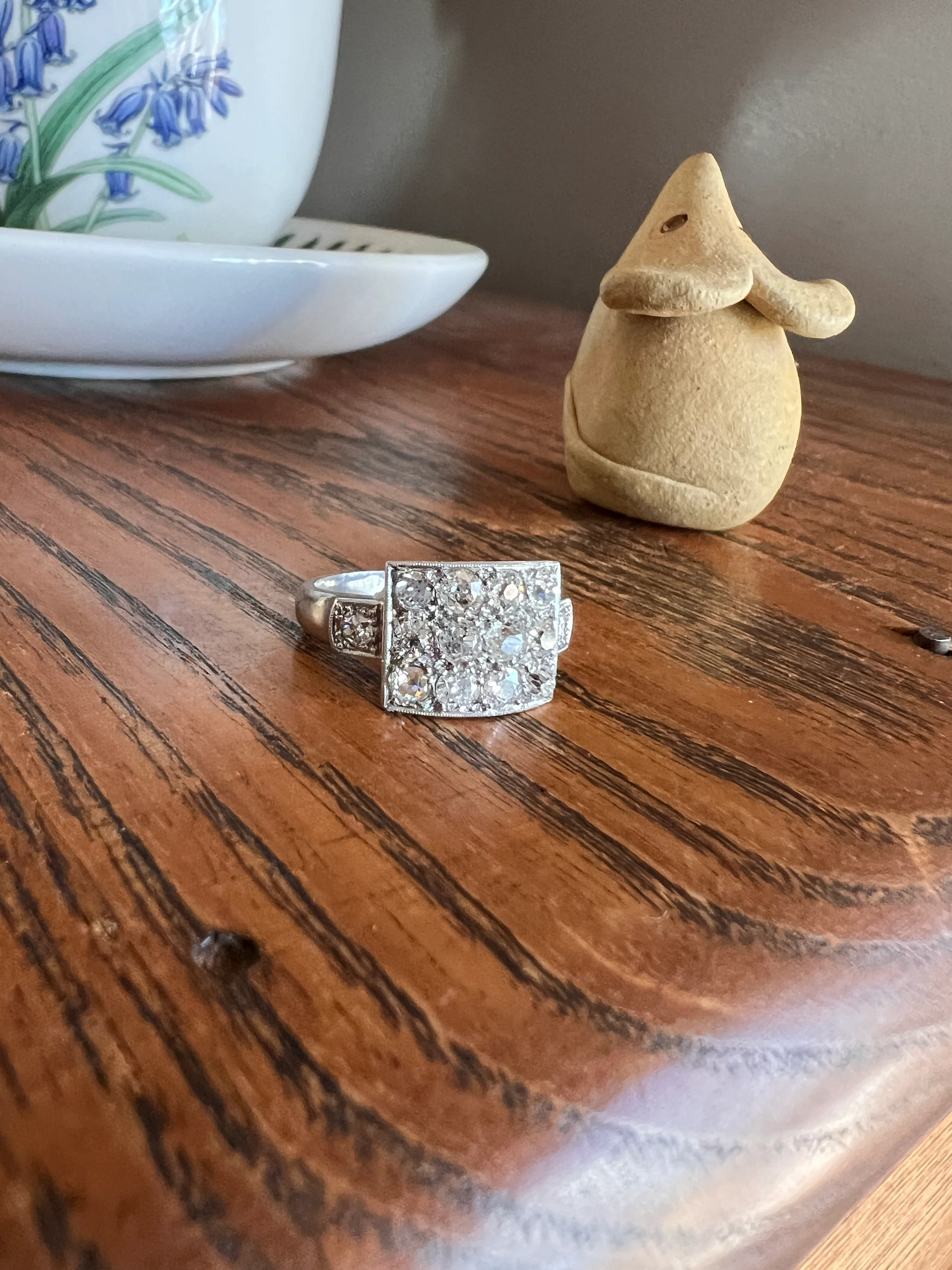 Two Carat 14 Old Mine Cut DIAMOND Curved Cluster Grid Ring French Antique Platinum Cobblestone - Image 24