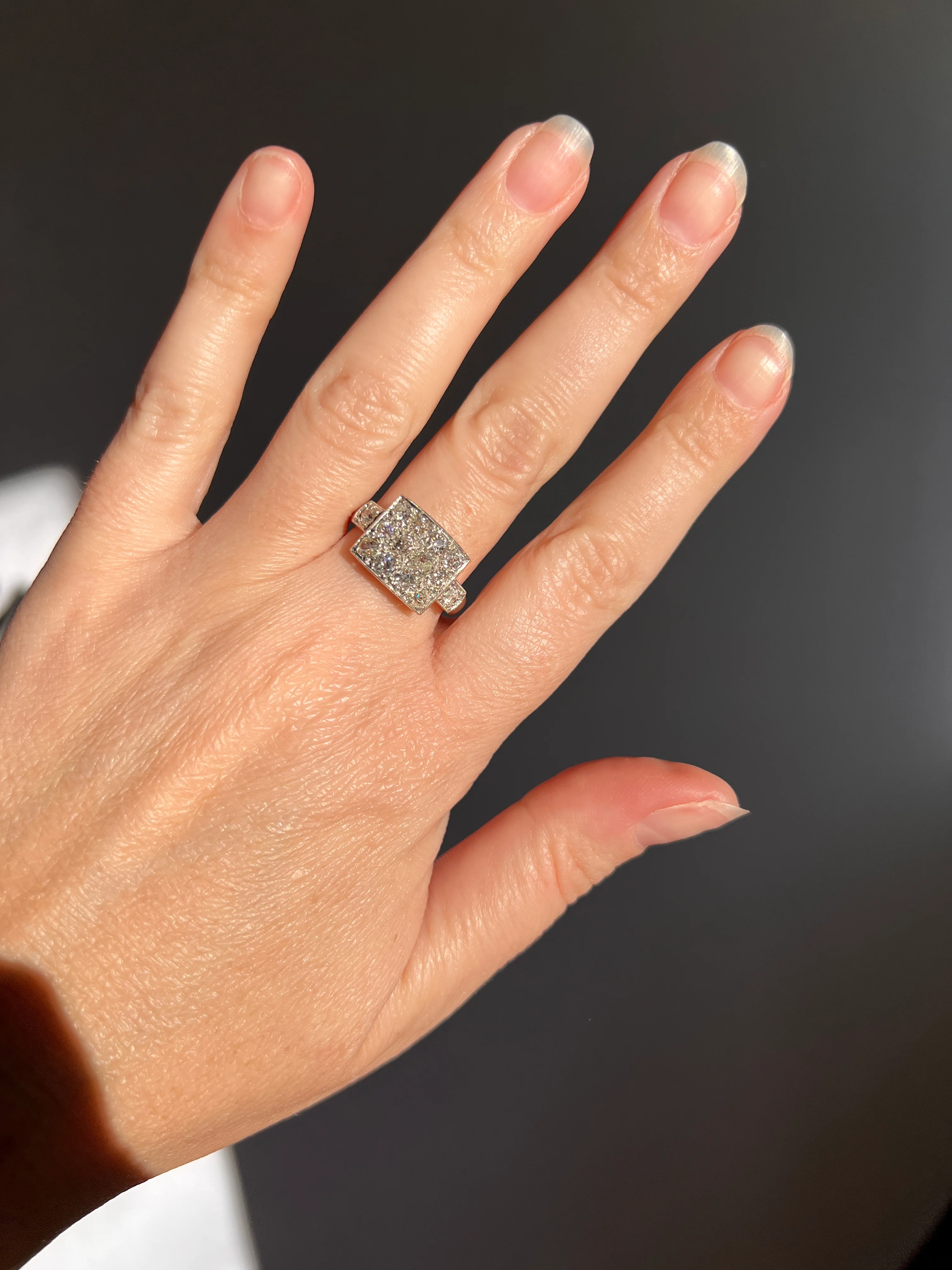 Two Carat 14 Old Mine Cut DIAMOND Curved Cluster Grid Ring French Antique Platinum Cobblestone - Image 26