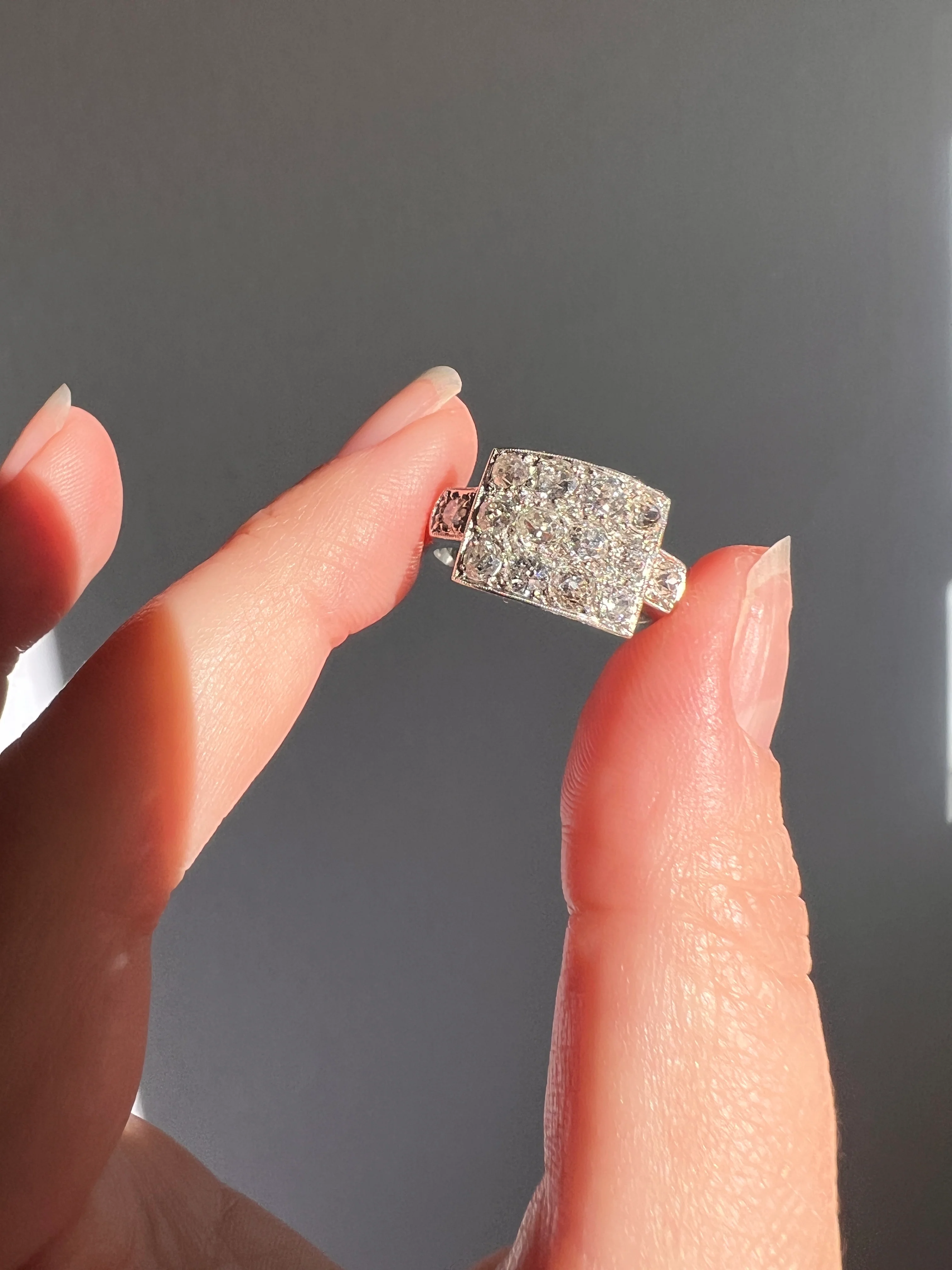 Two Carat 14 Old Mine Cut DIAMOND Curved Cluster Grid Ring French Antique Platinum Cobblestone - Image 27