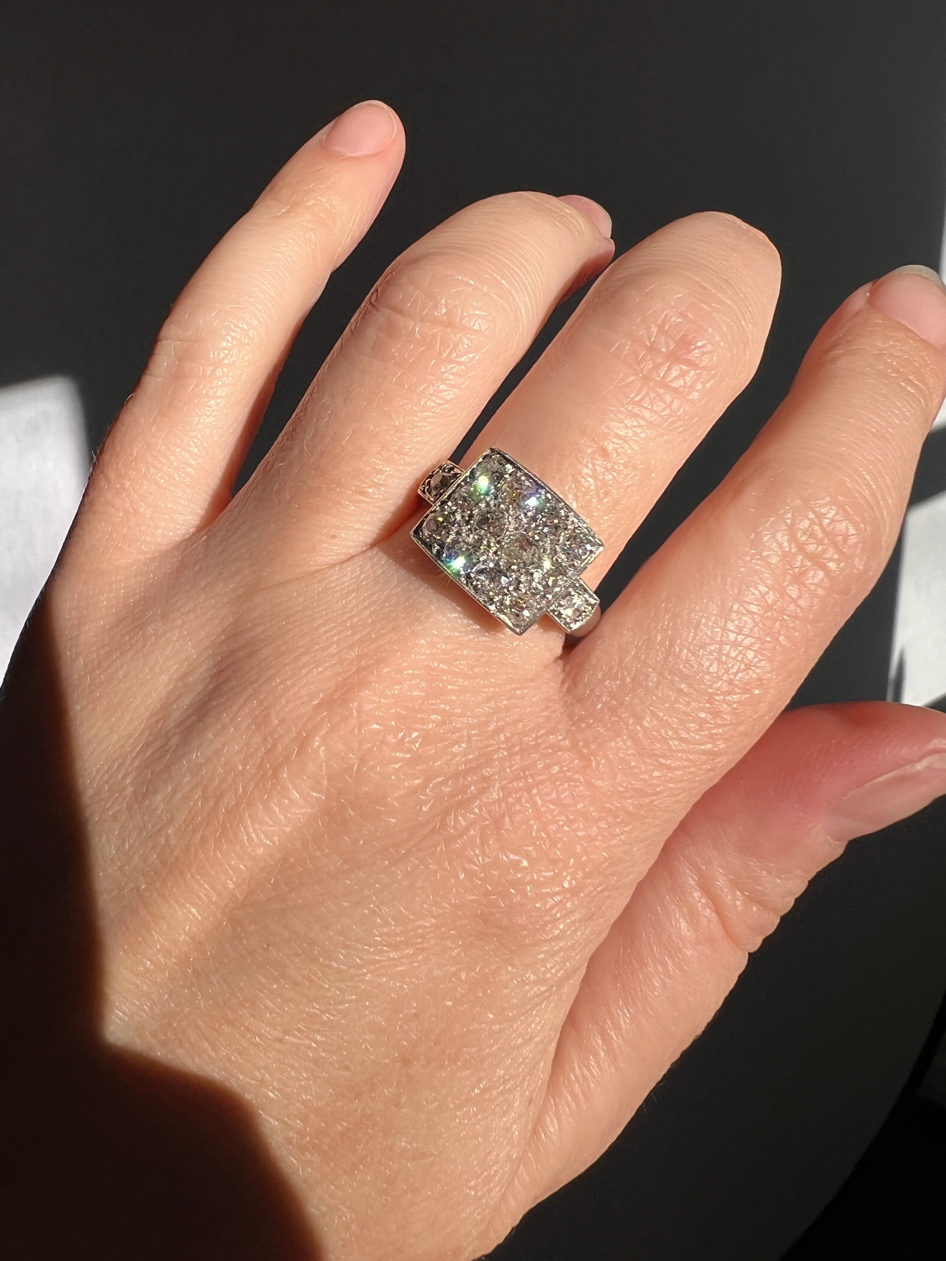 Two Carat 14 Old Mine Cut DIAMOND Curved Cluster Grid Ring French Antique Platinum Cobblestone - Image 28