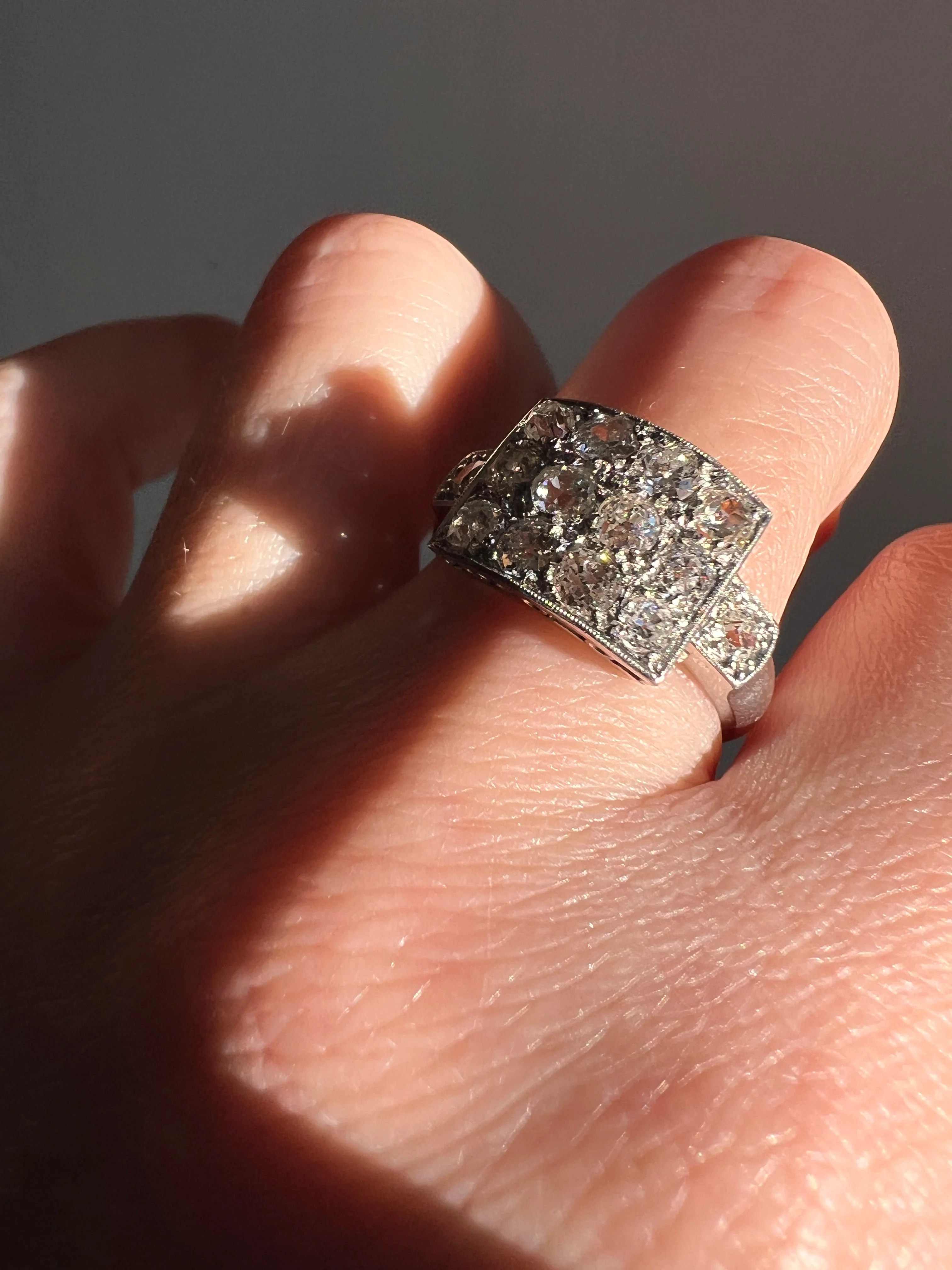 Two Carat 14 Old Mine Cut DIAMOND Curved Cluster Grid Ring French Antique Platinum Cobblestone - Image 29
