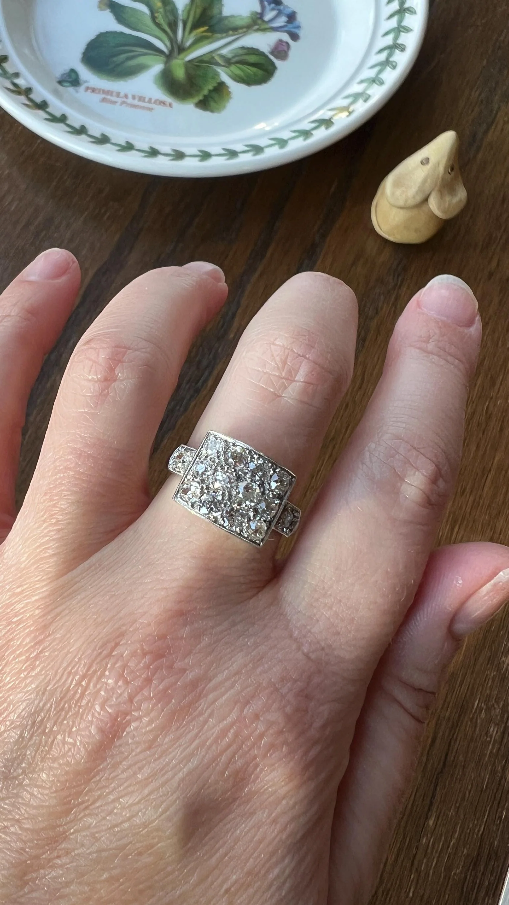 Two Carat 14 Old Mine Cut DIAMOND Curved Cluster Grid Ring French Antique Platinum Cobblestone - Image 3
