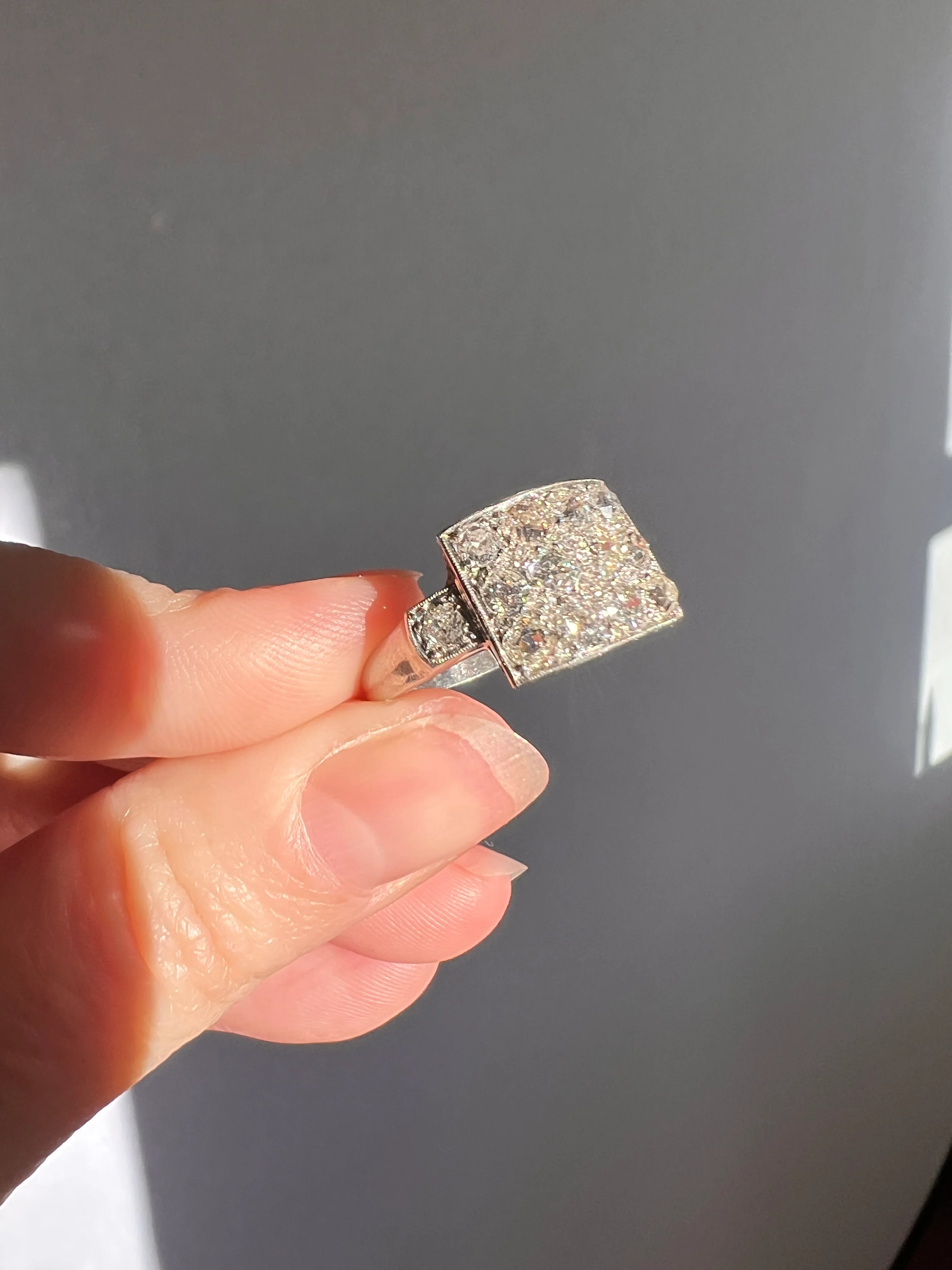 Two Carat 14 Old Mine Cut DIAMOND Curved Cluster Grid Ring French Antique Platinum Cobblestone - Image 30