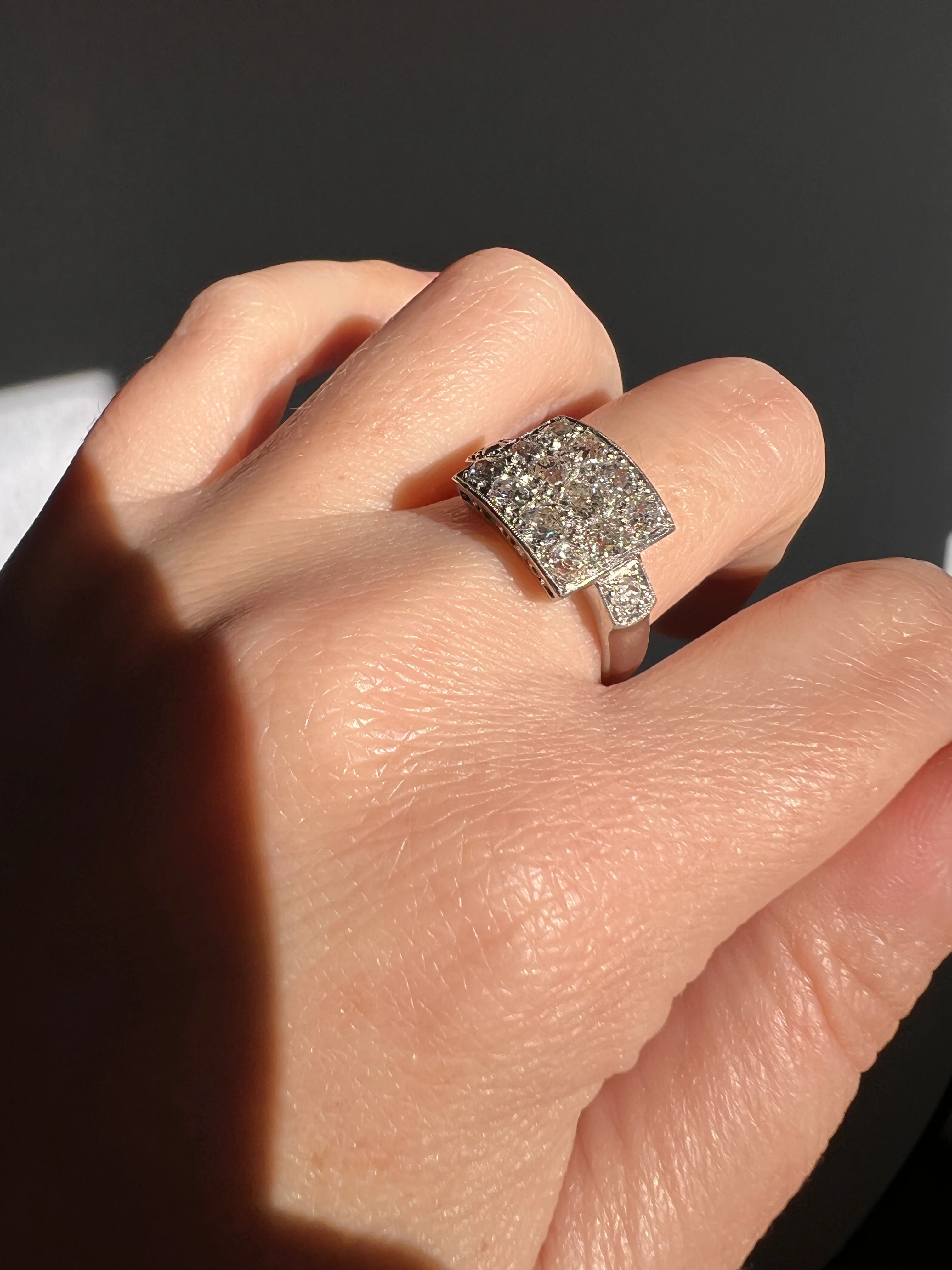 Two Carat 14 Old Mine Cut DIAMOND Curved Cluster Grid Ring French Antique Platinum Cobblestone - Image 31