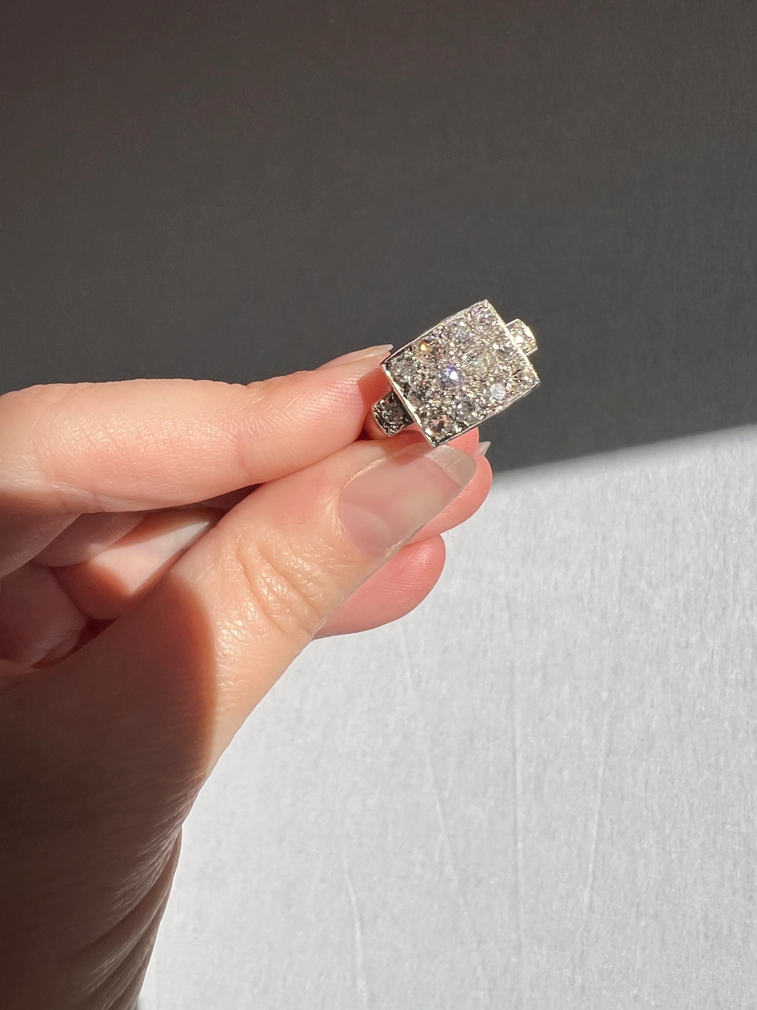 Two Carat 14 Old Mine Cut DIAMOND Curved Cluster Grid Ring French Antique Platinum Cobblestone - Image 32