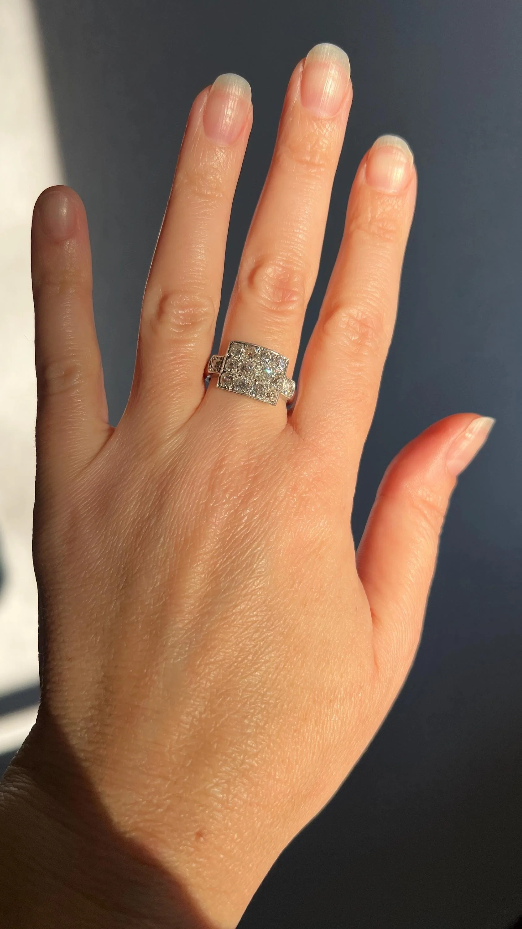 Two Carat 14 Old Mine Cut DIAMOND Curved Cluster Grid Ring French Antique Platinum Cobblestone - Image 4