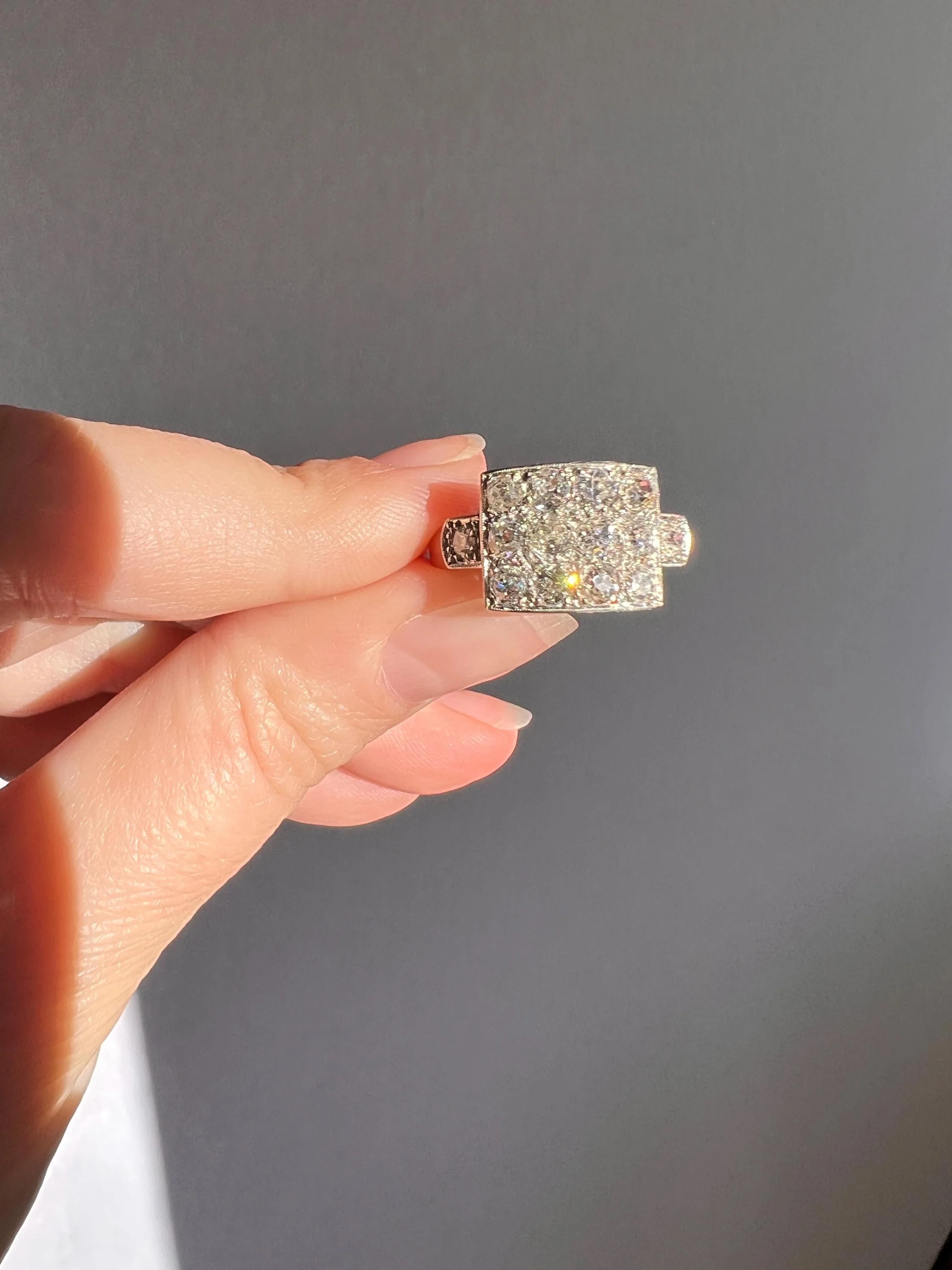 Two Carat 14 Old Mine Cut DIAMOND Curved Cluster Grid Ring French Antique Platinum Cobblestone - Image 5