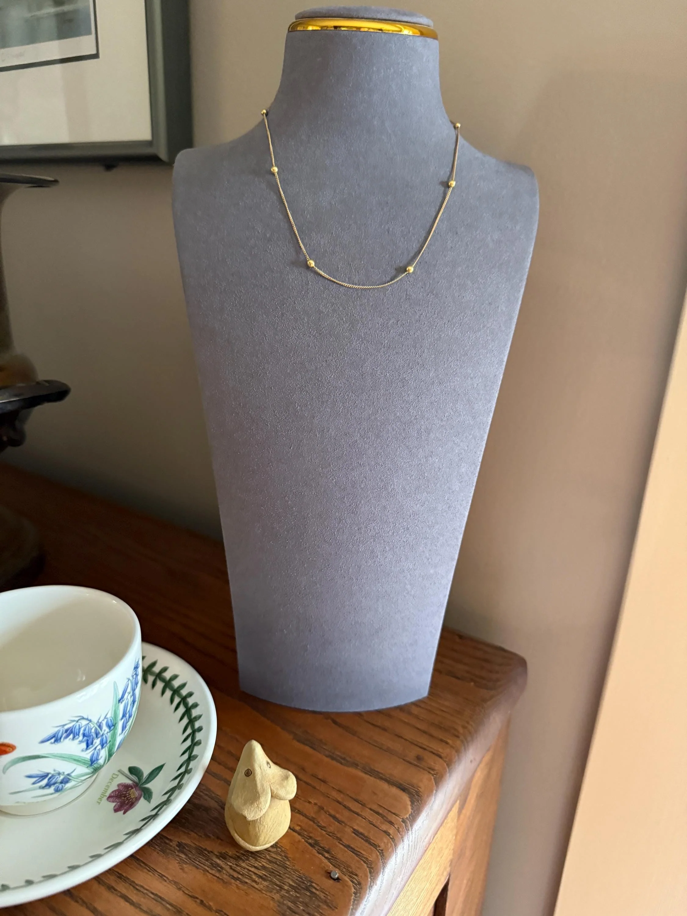 Dainty Vintage Mini Bead Chain 18k Gold Solid Pearls 15" Short Necklace Solid Ball Rivet 2.4g Minimalist Layering Shimmer Glow Choker - Image 2