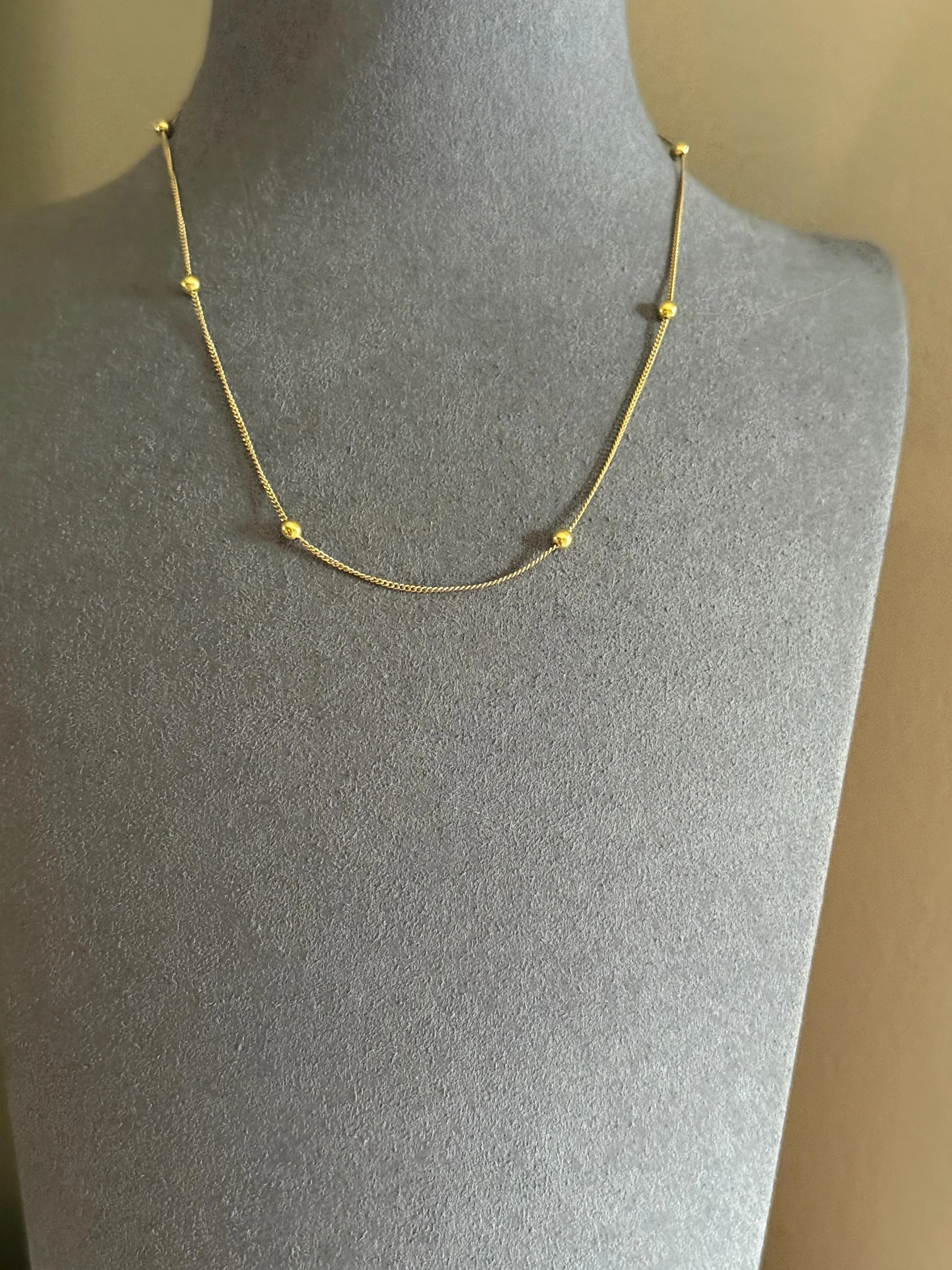 Dainty Vintage Mini Bead Chain 18k Gold Solid Pearls 15" Short Necklace Solid Ball Rivet 2.4g Minimalist Layering Shimmer Glow Choker - Image 4
