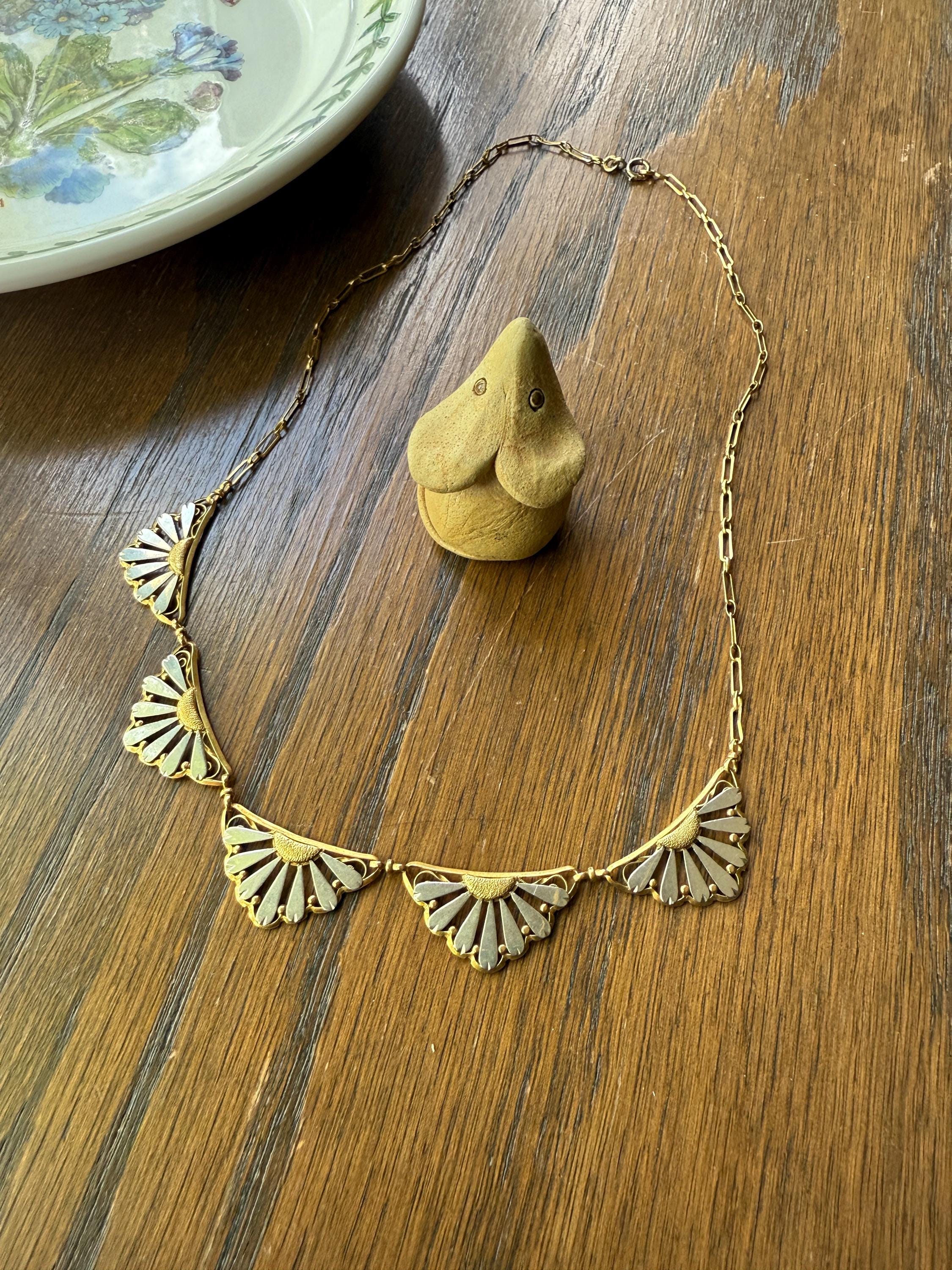 DAISIES French Art Deco Antique 18k Gold Floral Necklace Drapery Chain Collar Flower Pendants - Image 8