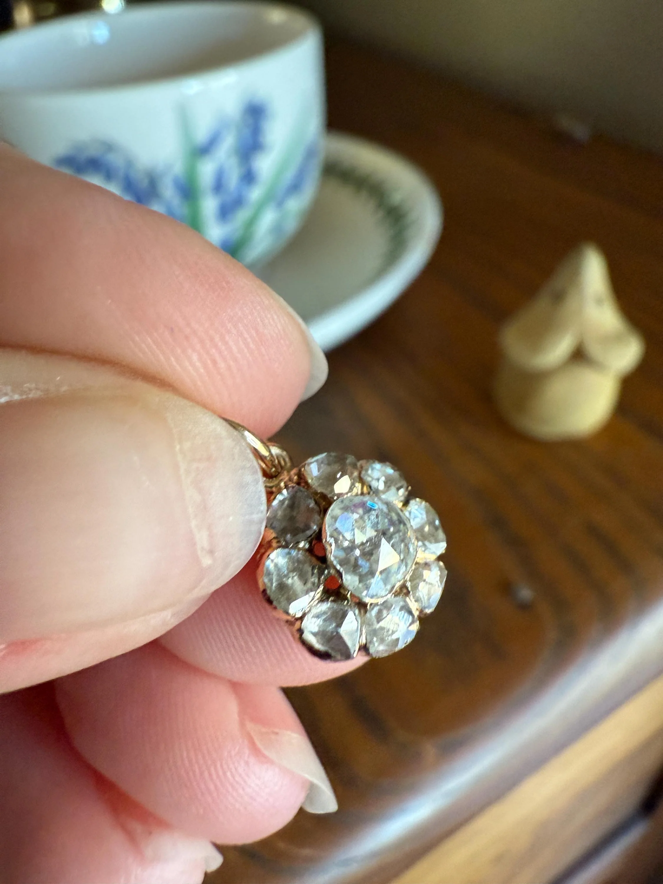 Daisy Cluster Pendant Rose Cut DIAMOND Antique Victorian 18k Gold Pendant Faces Up 1.15 Carat Necklace Bracelet Charm Floral Drop Dangle - Image 12