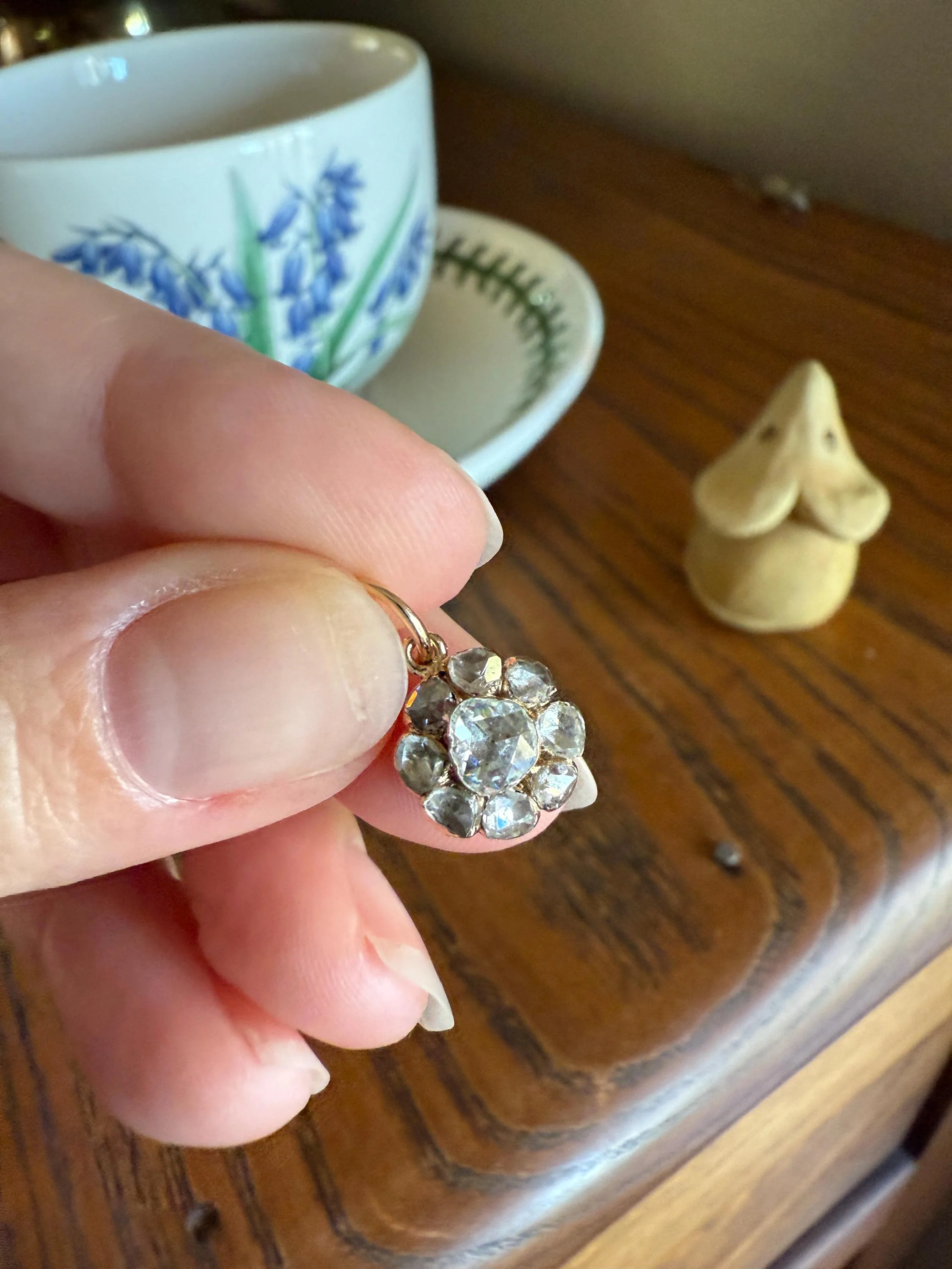 Daisy Cluster Pendant Rose Cut DIAMOND Antique Victorian 18k Gold Pendant Faces Up 1.15 Carat Necklace Bracelet Charm Floral Drop Dangle - Image 13