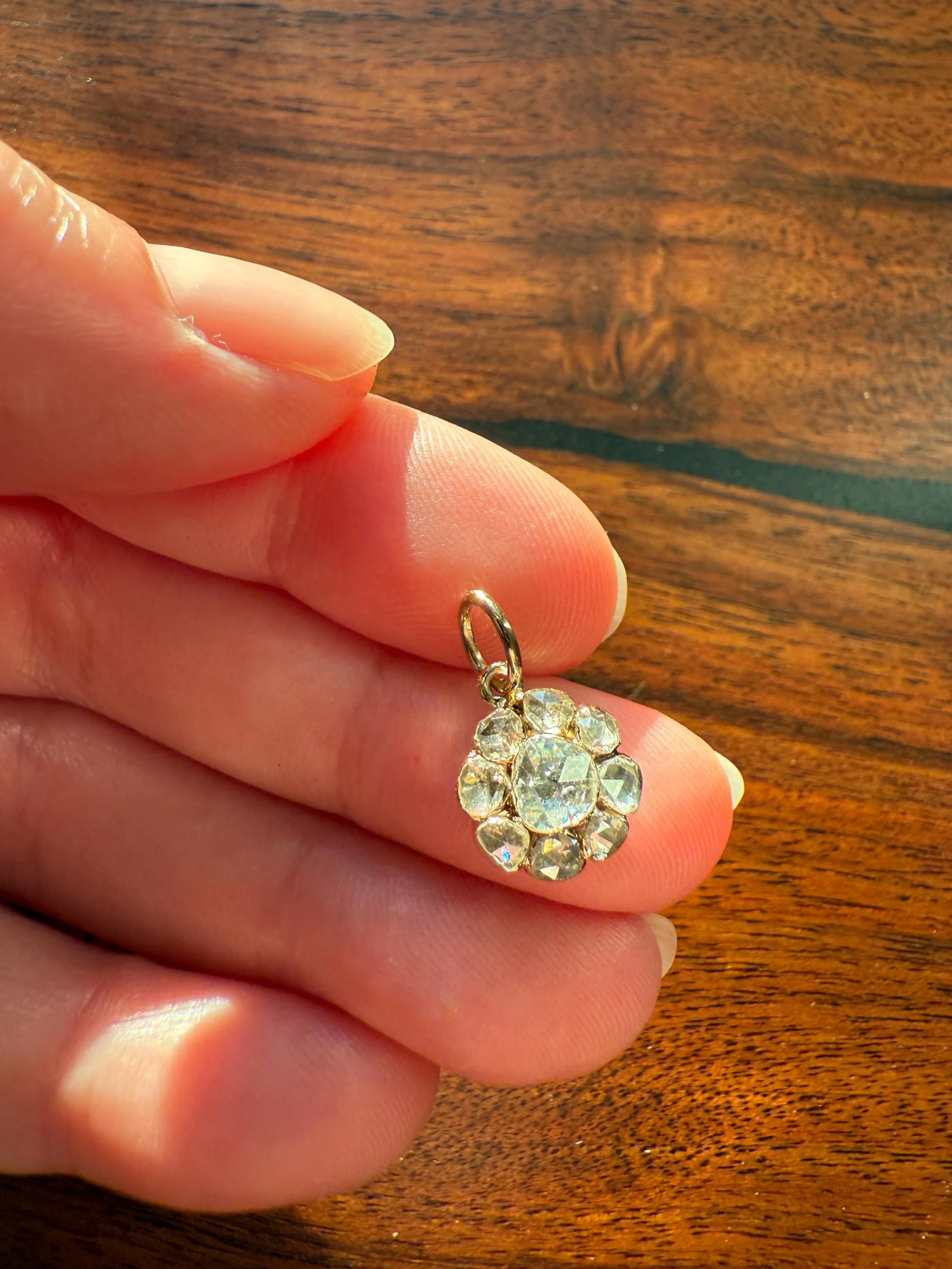 Daisy Cluster Pendant Rose Cut DIAMOND Antique Victorian 18k Gold Pendant Faces Up 1.15 Carat Necklace Bracelet Charm Floral Drop Dangle - Image 5