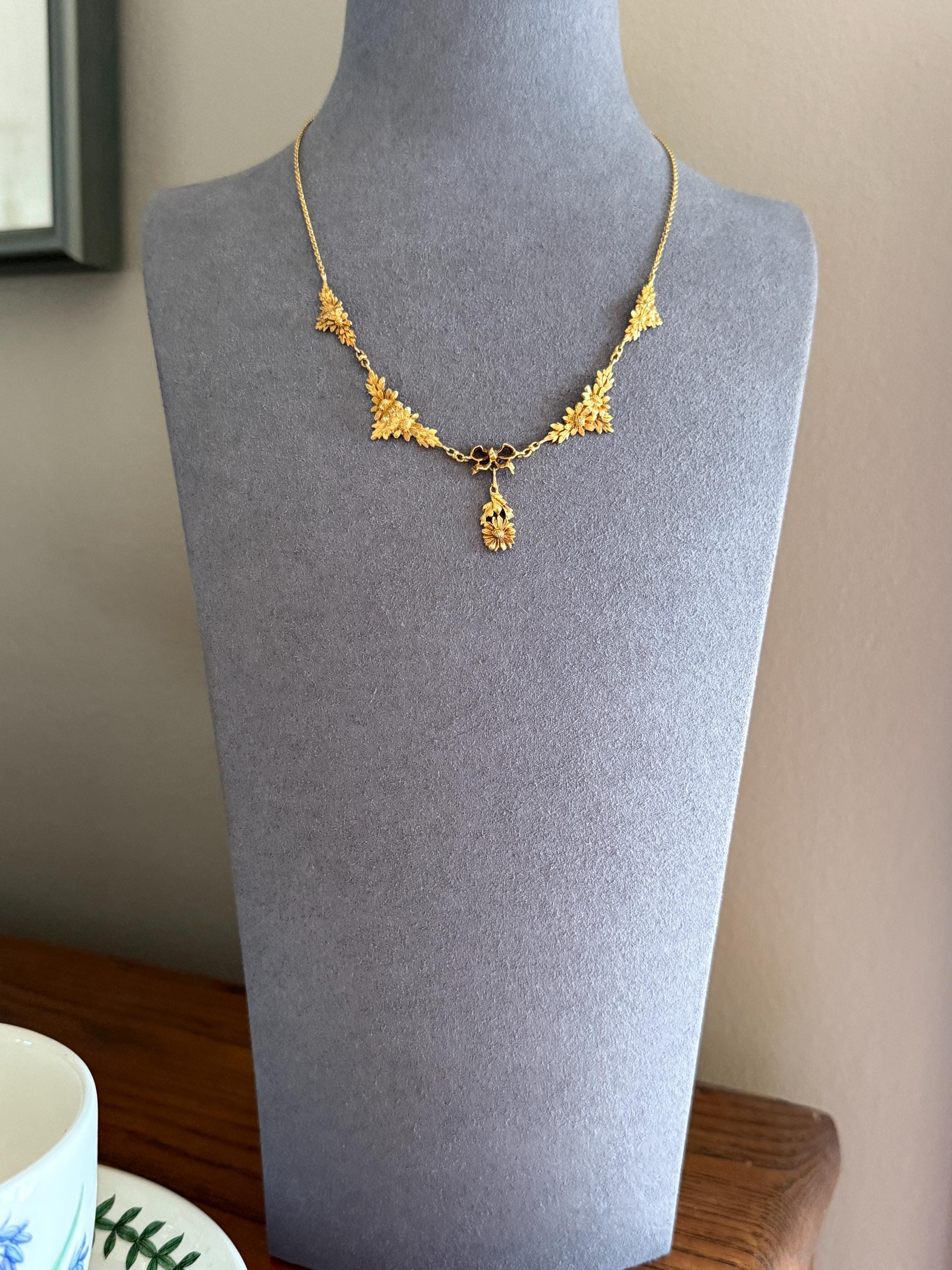 DAISY Garland Figural Chain French Art Nouveau Antique 8g 18k Gold Bow Necklace Drapery Collar Pendants Figural Floral Belle Epoque - Image 4