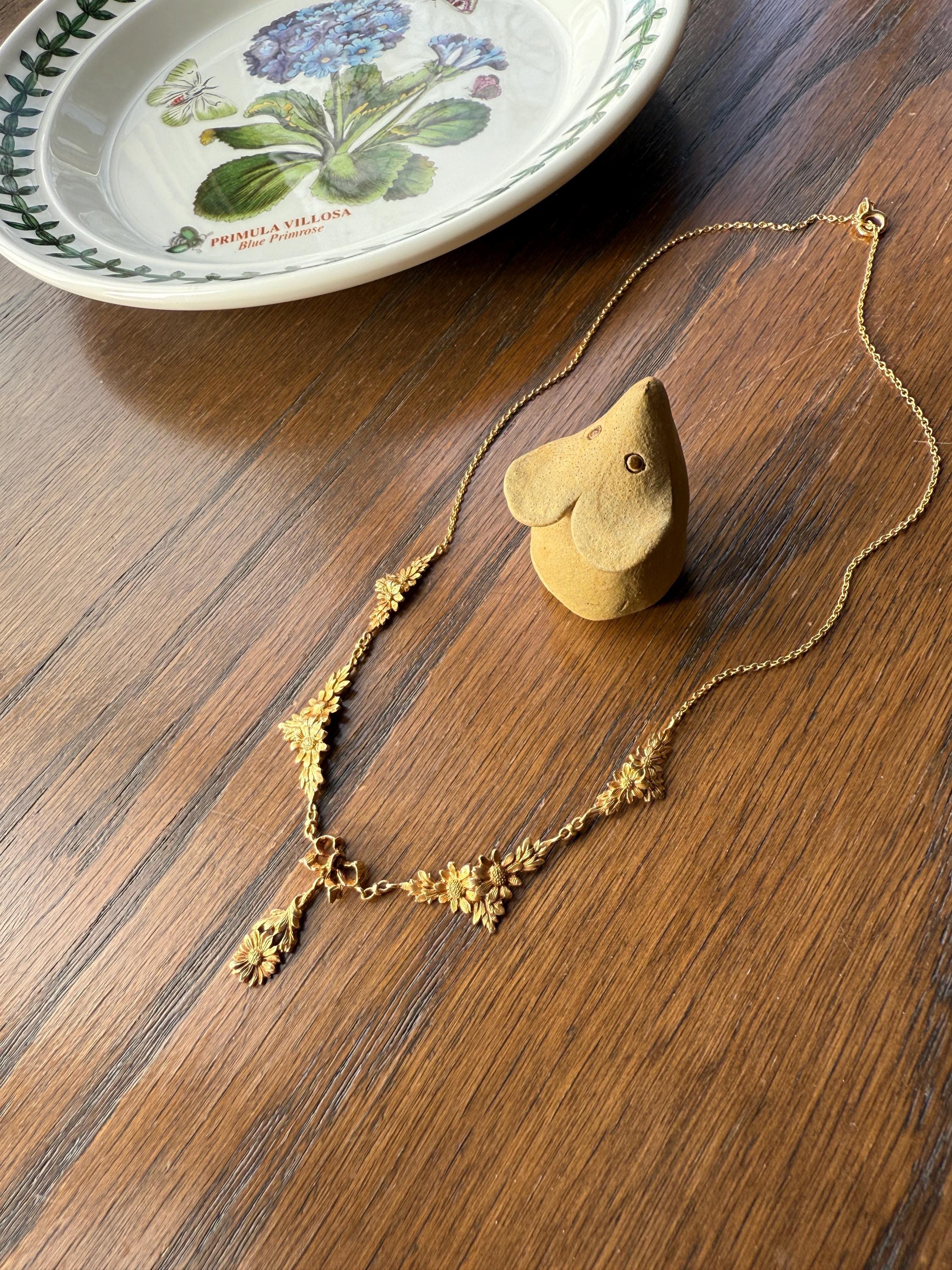 DAISY Garland Figural Chain French Art Nouveau Antique 8g 18k Gold Bow Necklace Drapery Collar Pendants Figural Floral Belle Epoque - Image 5