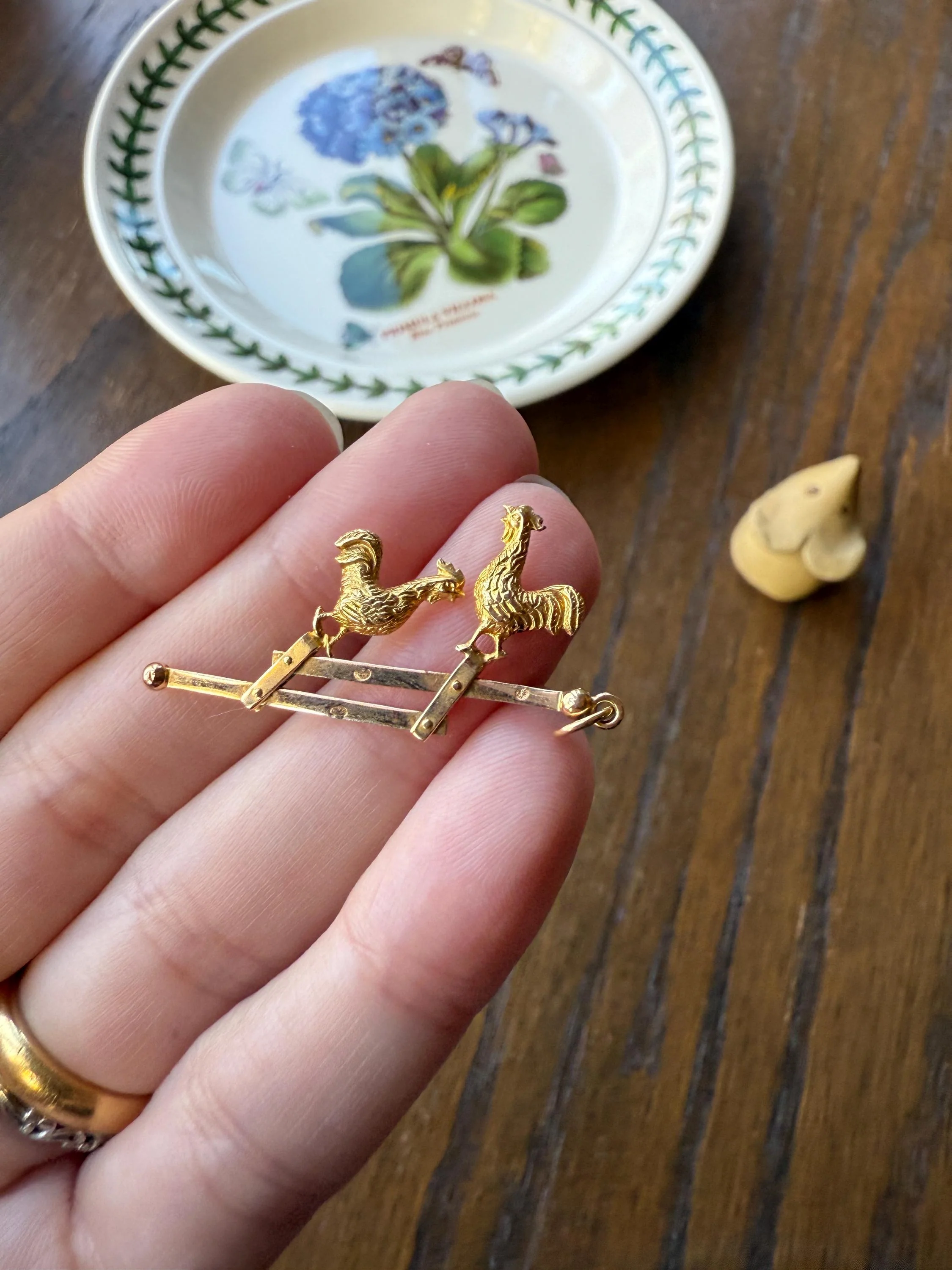 Dancing ROOSTERS On Picket Fence French Antique 18k Gold Solid Moveable Reversible Charm Pendant Victorian Belle Epoque Art Nouveau Country - Image 2