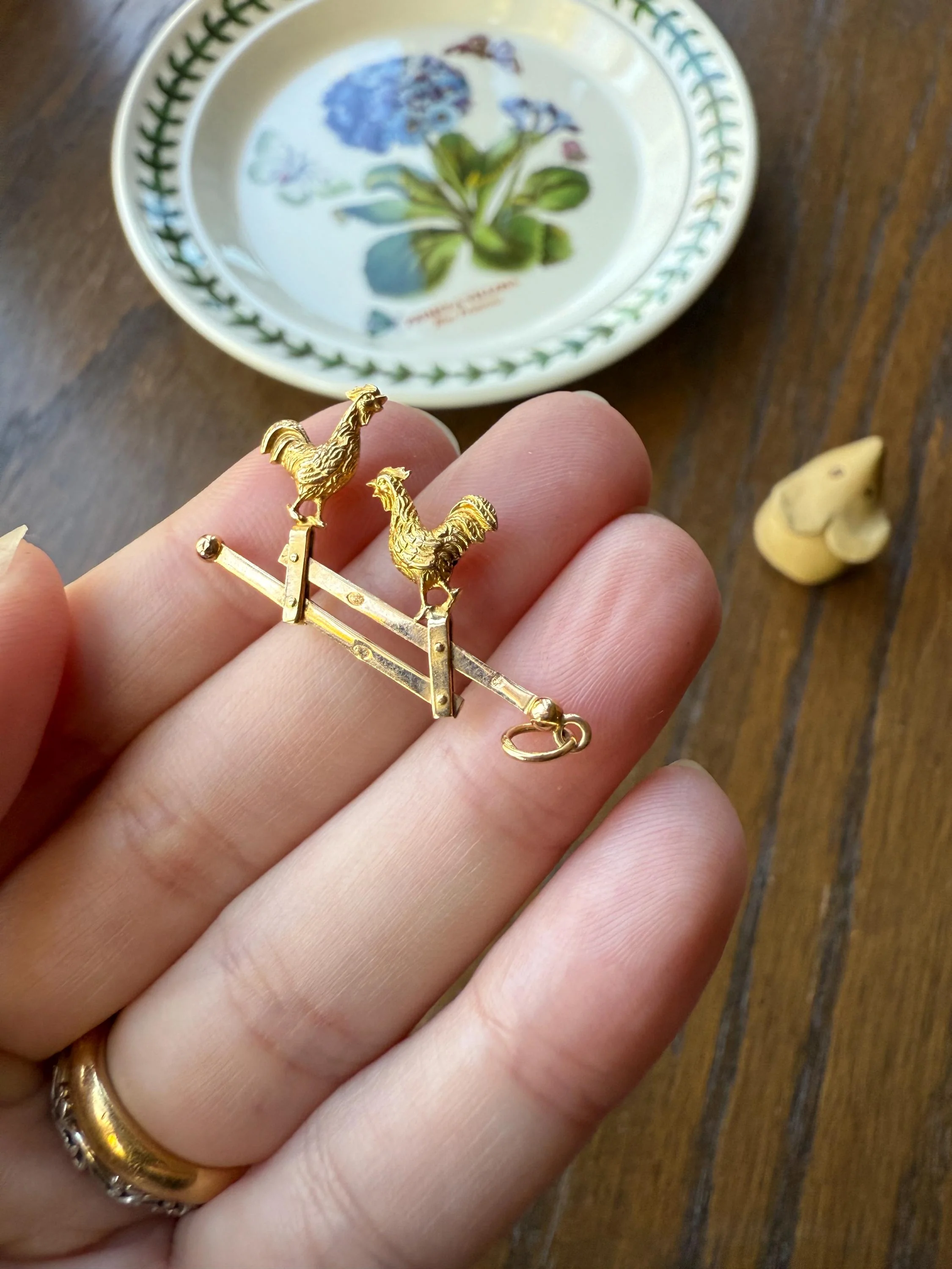 Dancing ROOSTERS On Picket Fence French Antique 18k Gold Solid Moveable Reversible Charm Pendant Victorian Belle Epoque Art Nouveau Country - Image 3