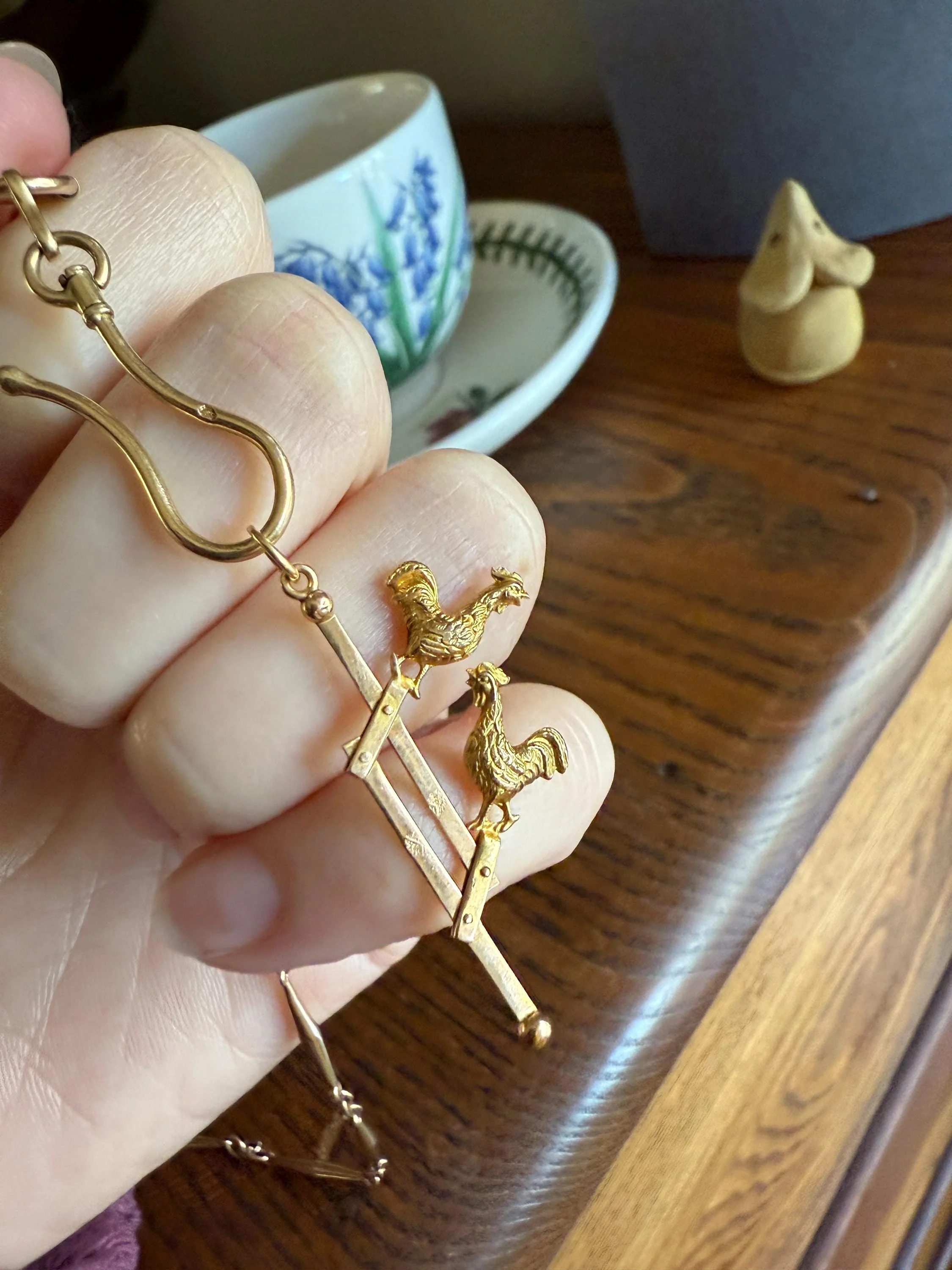 Dancing ROOSTERS On Picket Fence French Antique 18k Gold Solid Moveable Reversible Charm Pendant Victorian Belle Epoque Art Nouveau Country - Image 4