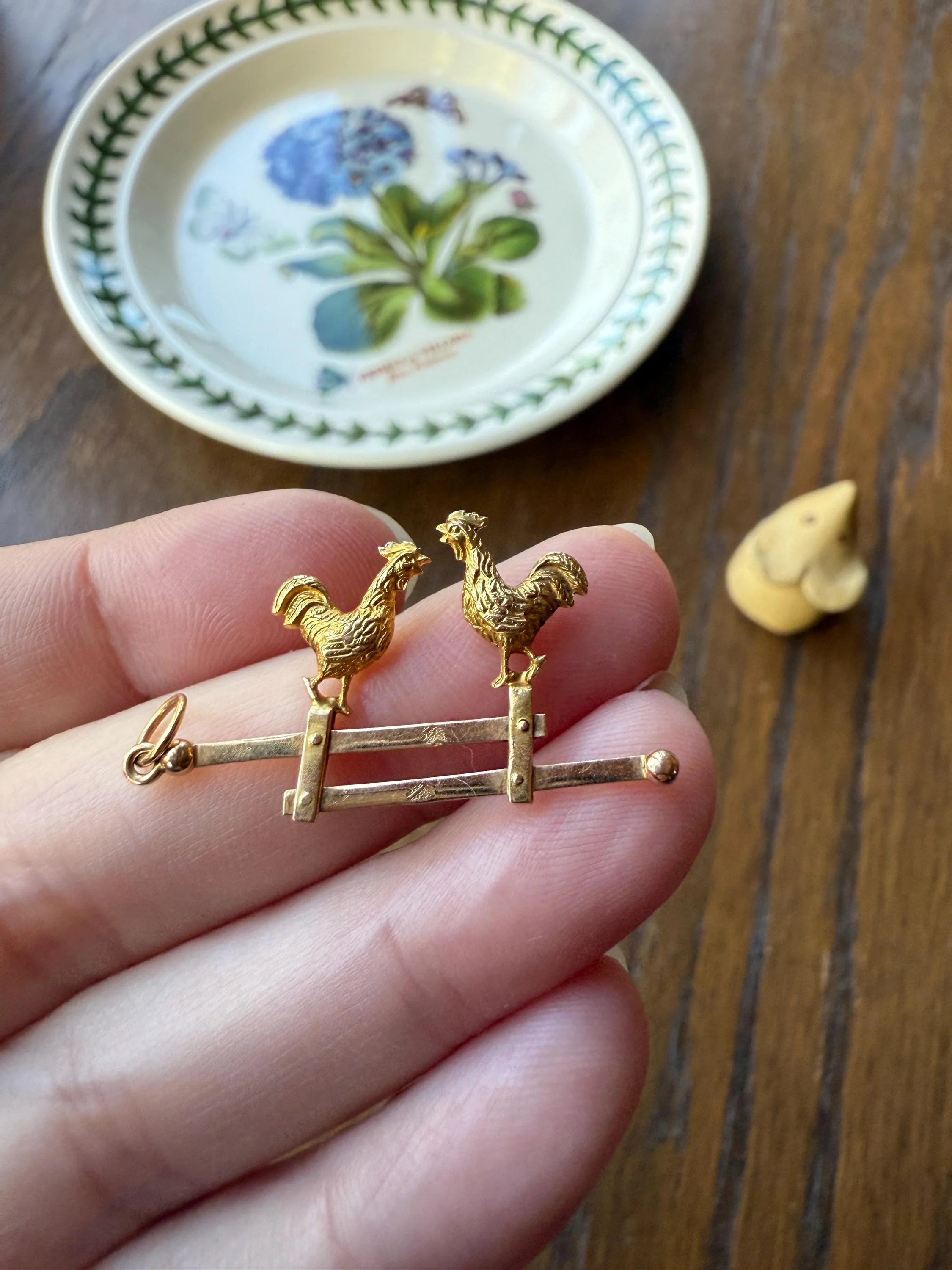 Dancing ROOSTERS On Picket Fence French Antique 18k Gold Solid Moveable Reversible Charm Pendant Victorian Belle Epoque Art Nouveau Country - Image 6