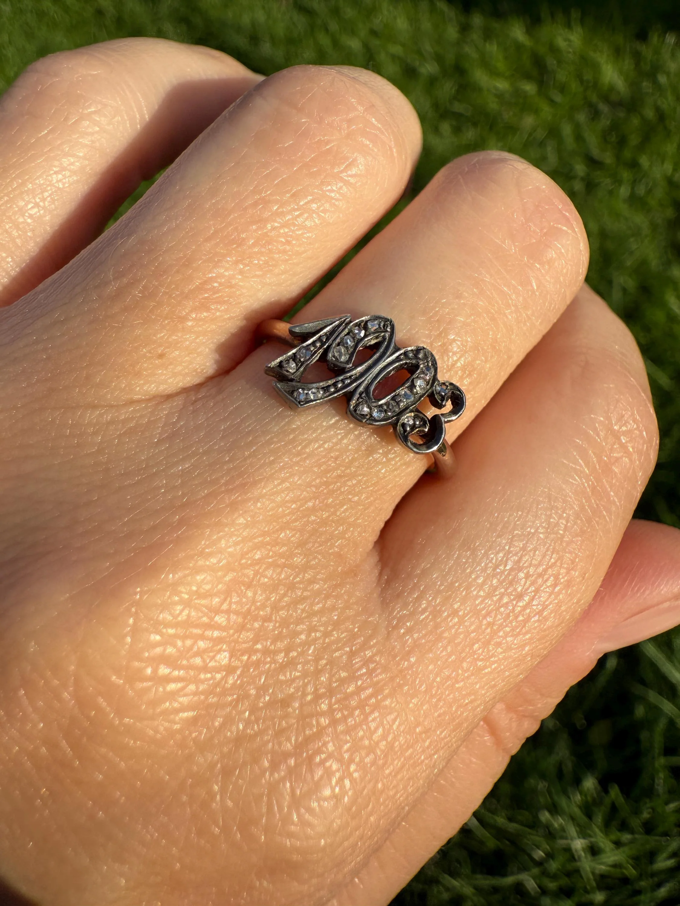 Date Ring 1903 Rose Cut Diamond Gold Figural Ring 10k & Silver Gold Stacker Donut Band Dated Year Provenance Edwardian Period - Image 3