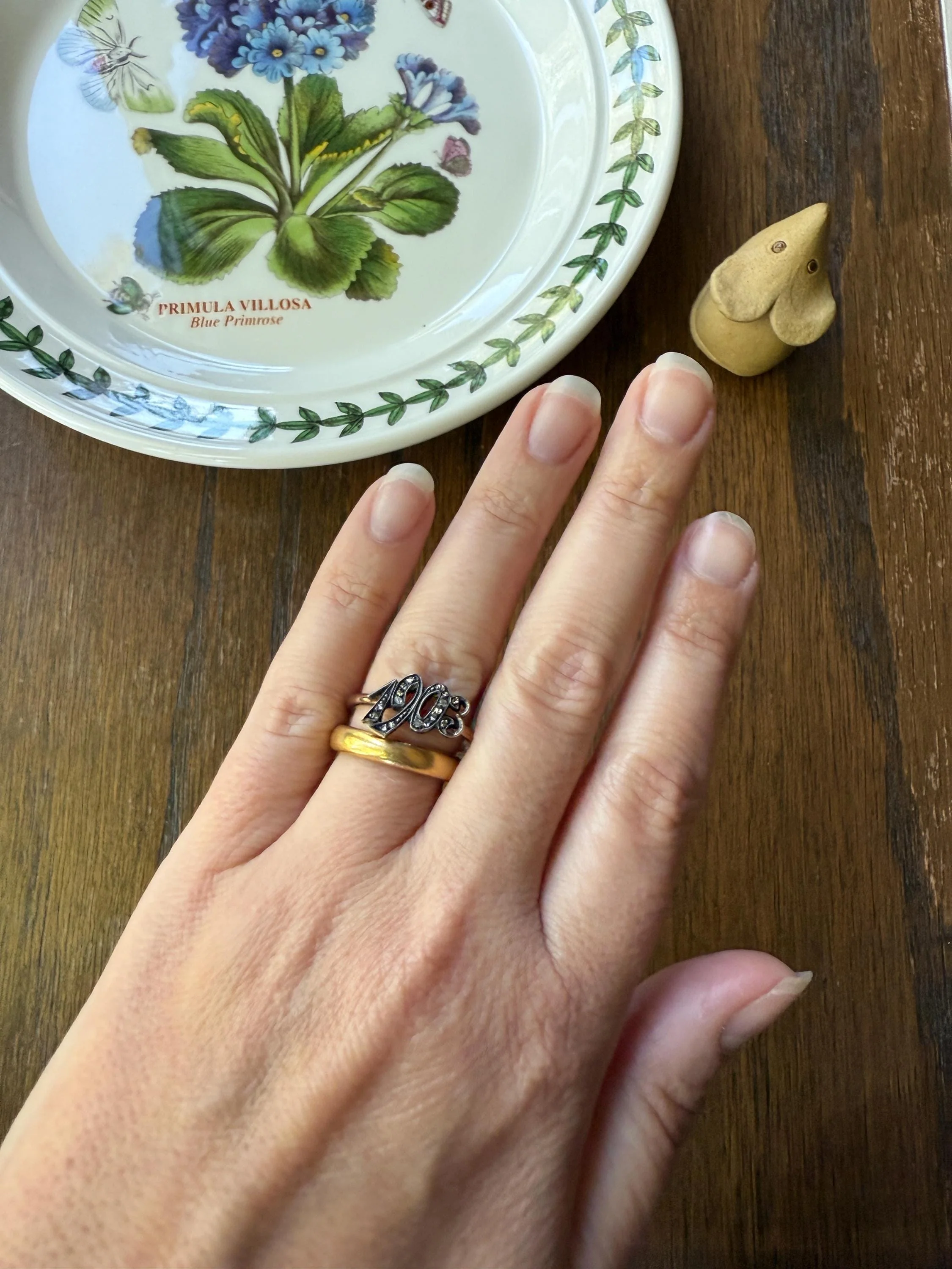Date Ring 1903 Rose Cut Diamond Gold Figural Ring 10k & Silver Gold Stacker Donut Band Dated Year Provenance Edwardian Period - Image 4