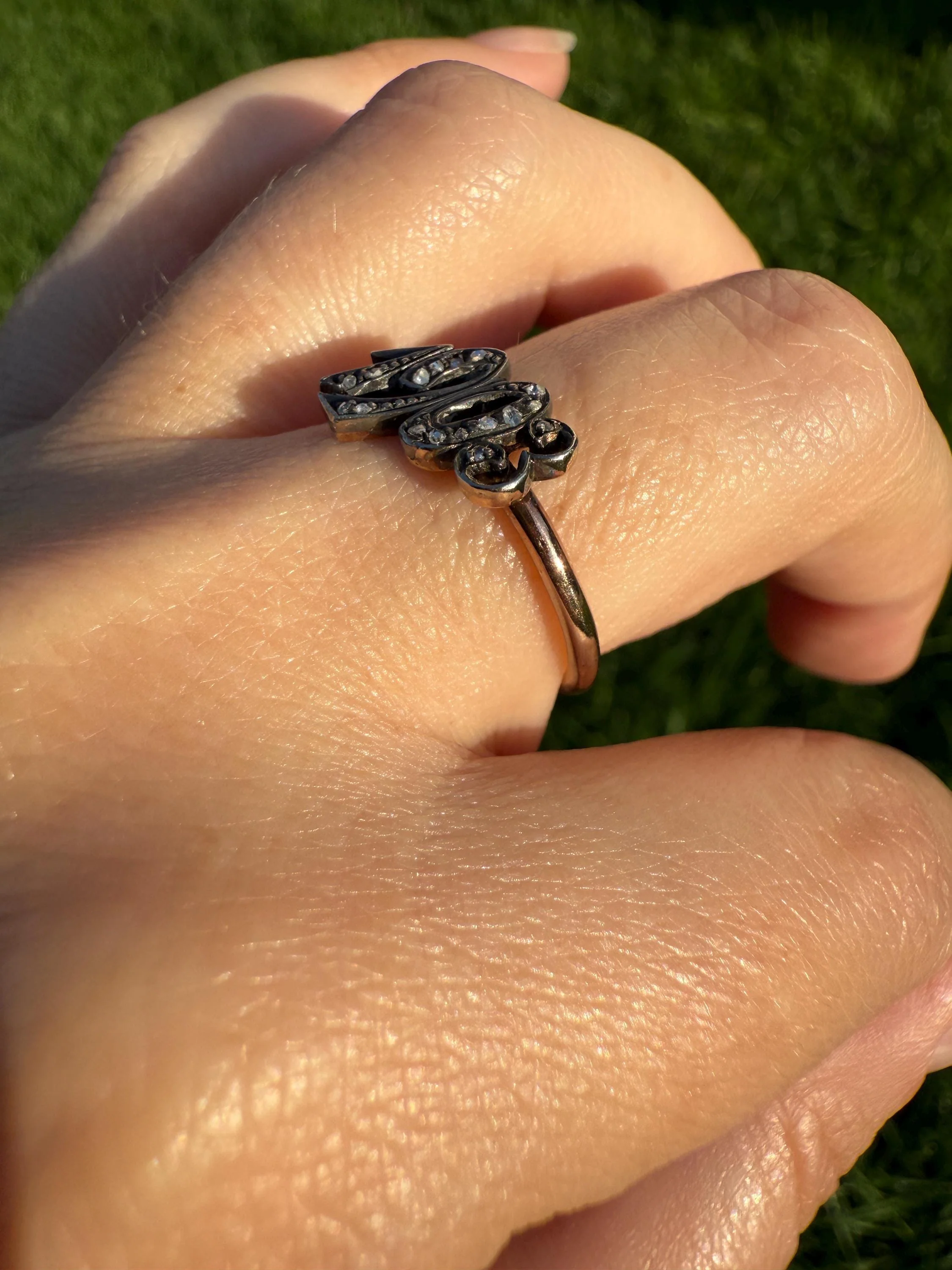 Date Ring 1903 Rose Cut Diamond Gold Figural Ring 10k & Silver Gold Stacker Donut Band Dated Year Provenance Edwardian Period - Image 5