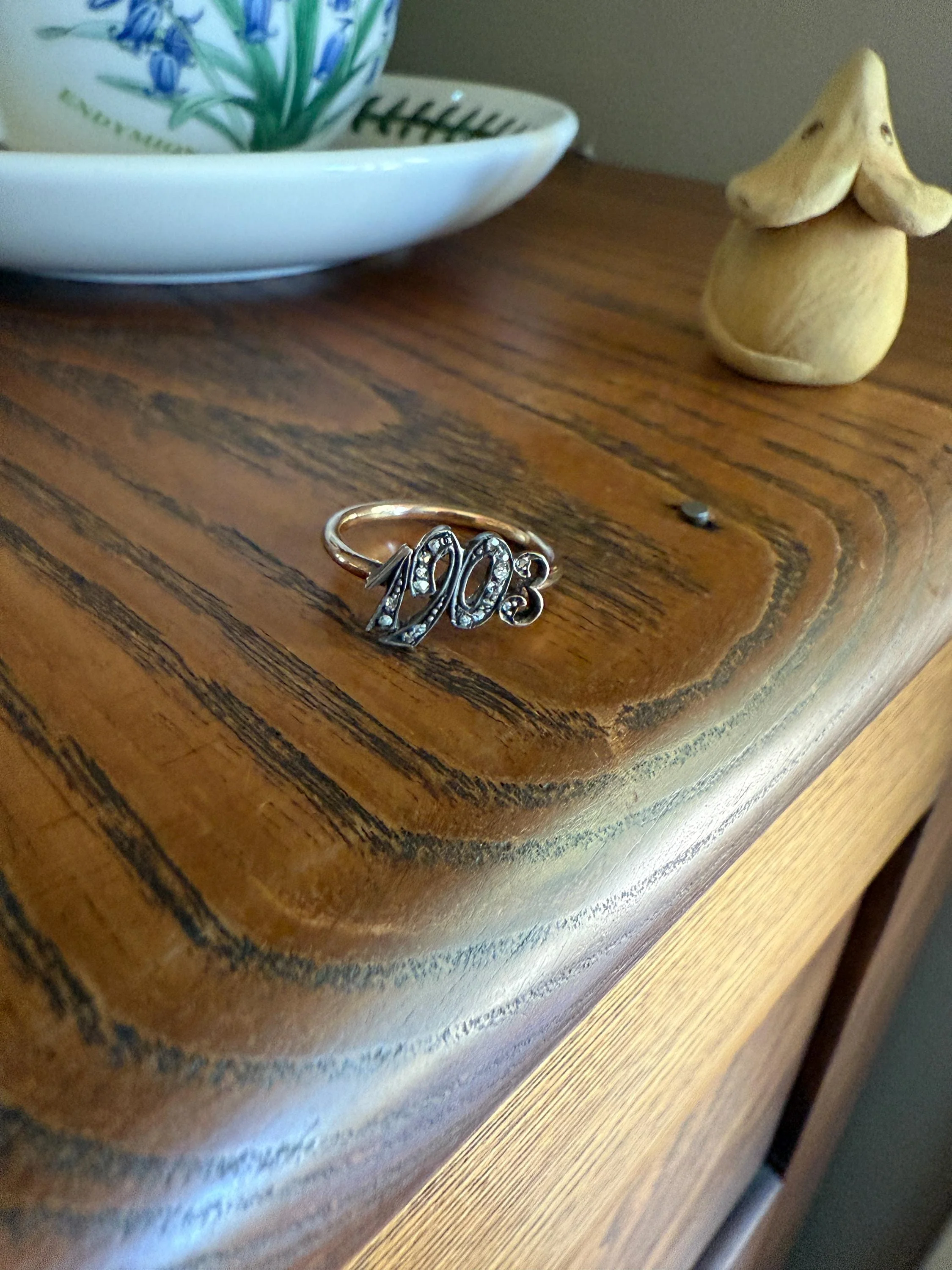 Date Ring 1903 Rose Cut Diamond Gold Figural Ring 10k & Silver Gold Stacker Donut Band Dated Year Provenance Edwardian Period - Image 6