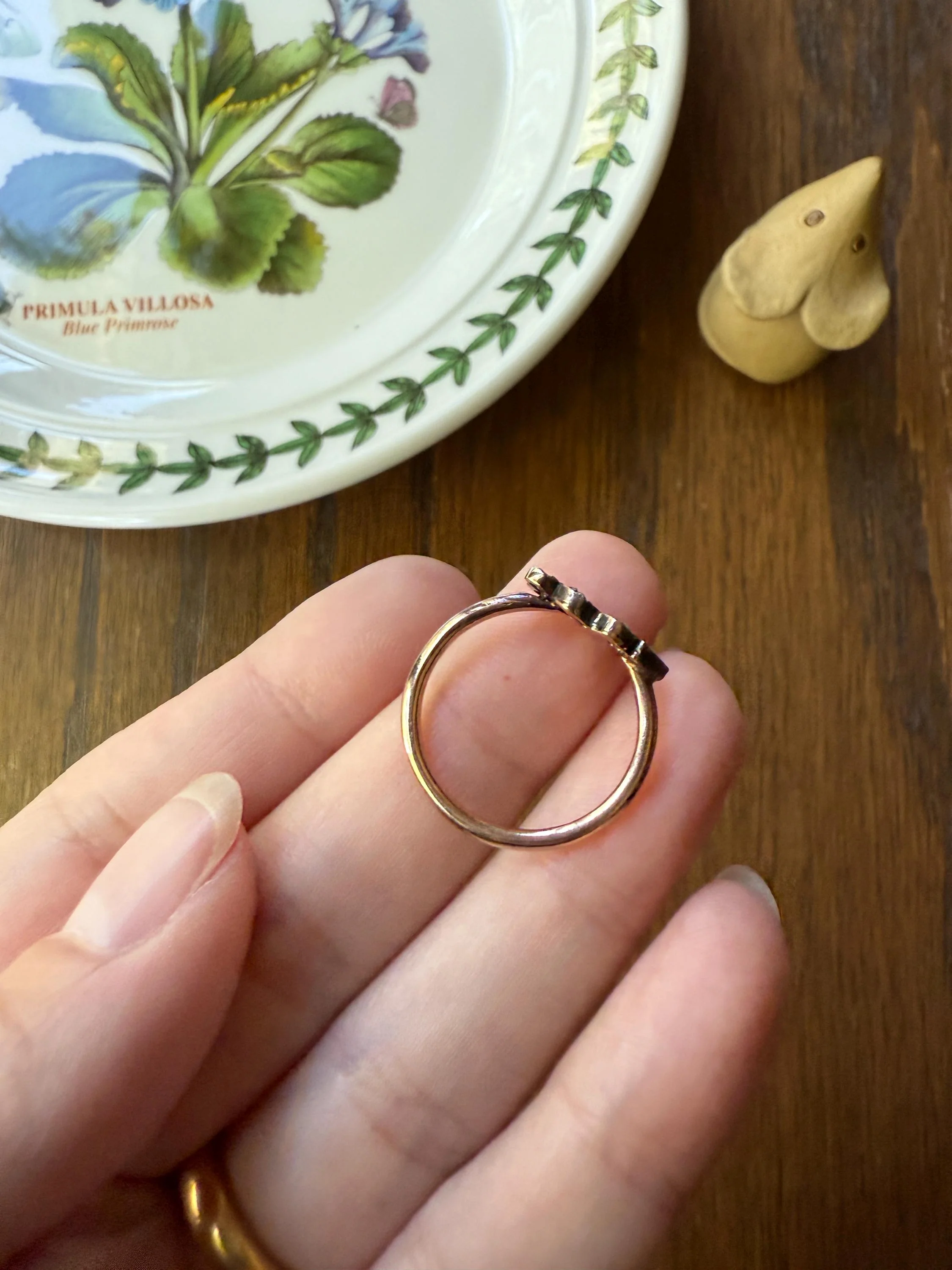 Date Ring 1903 Rose Cut Diamond Gold Figural Ring 10k & Silver Gold Stacker Donut Band Dated Year Provenance Edwardian Period - Image 9