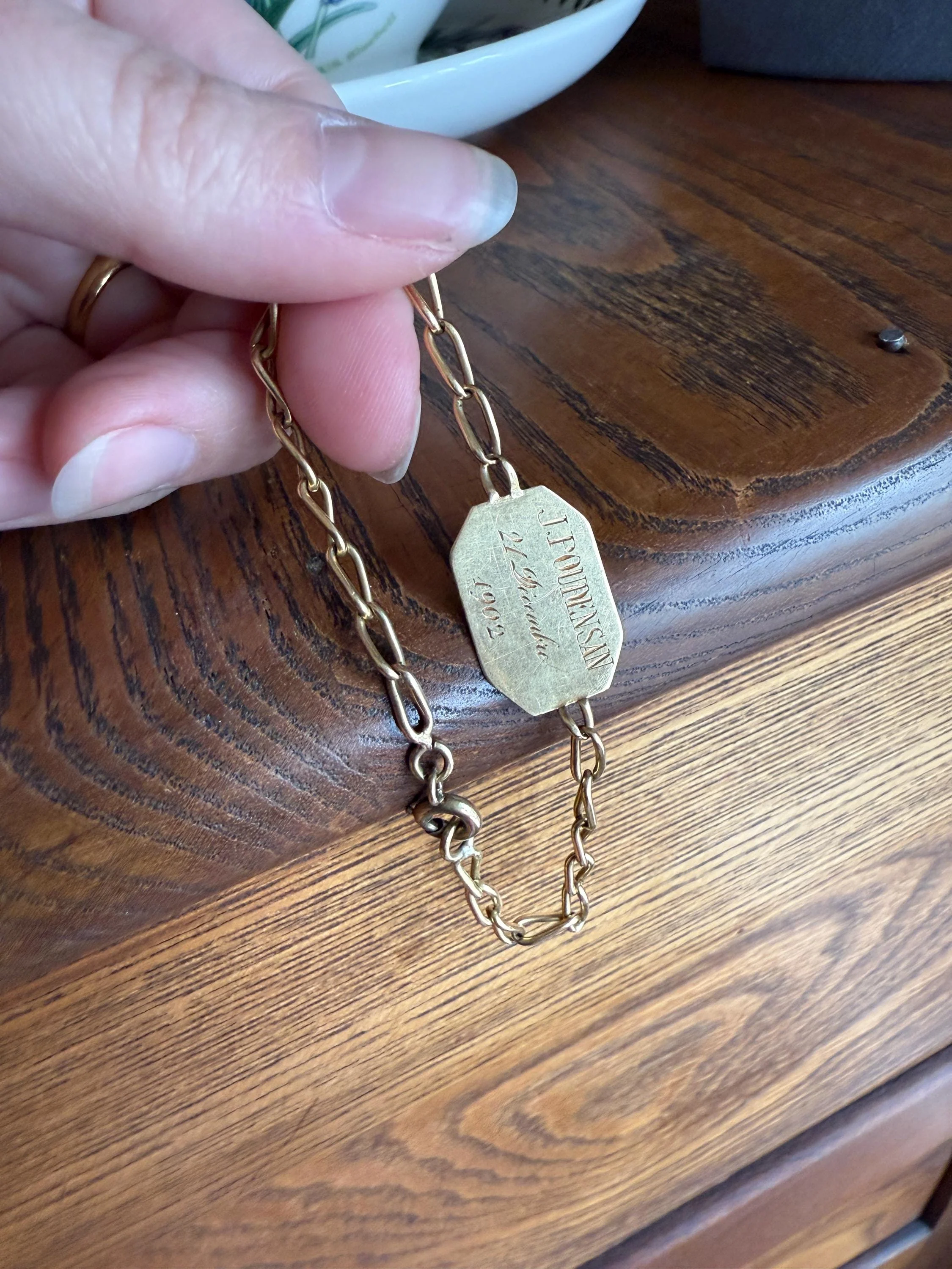 DATED 1902 December 21 Octagon Panel Engraved Initial Curb Chain Bracelet French Antique 18k Gold Solid Monogram E J D H P Letters - Image 11