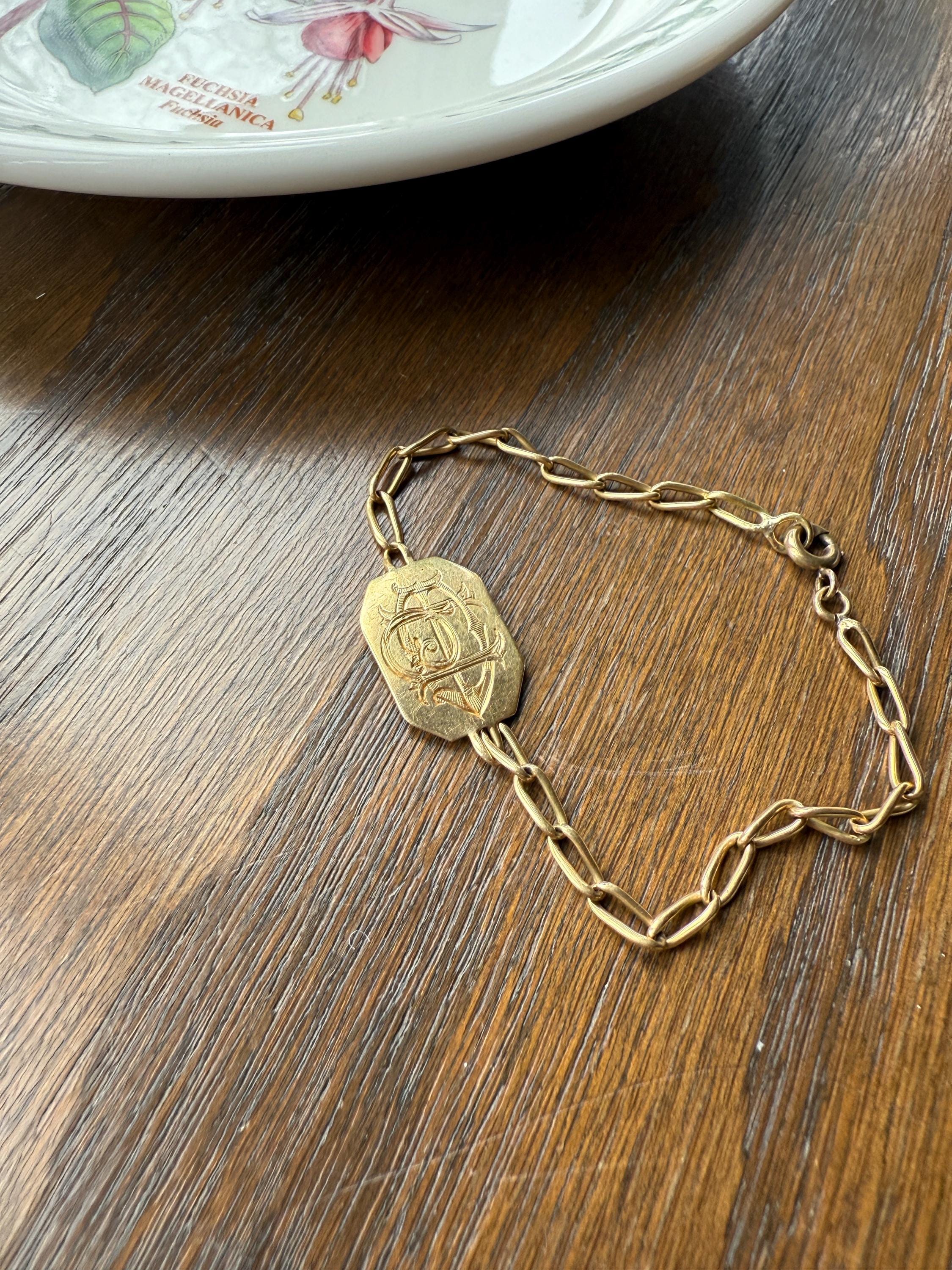 DATED 1902 December 21 Octagon Panel Engraved Initial Curb Chain Bracelet French Antique 18k Gold Solid Monogram E J D H P Letters - Image 13