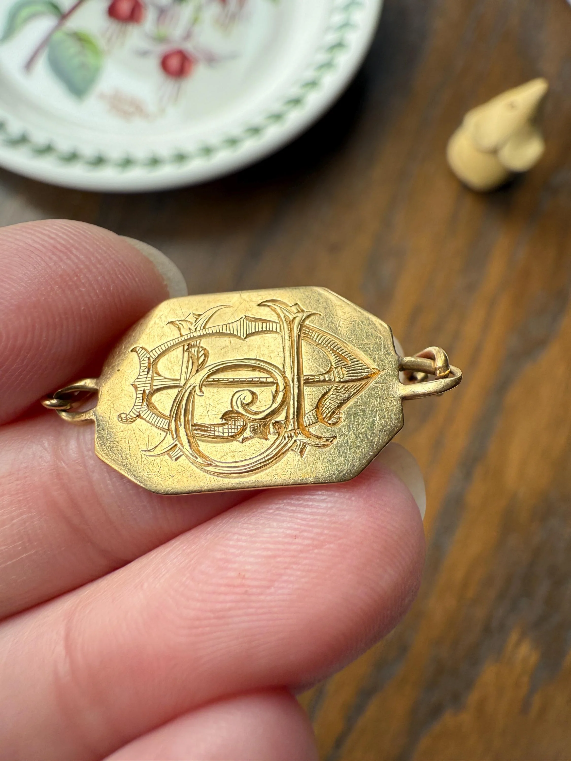 DATED 1902 December 21 Octagon Panel Engraved Initial Curb Chain Bracelet French Antique 18k Gold Solid Monogram E J D H P Letters - Image 2