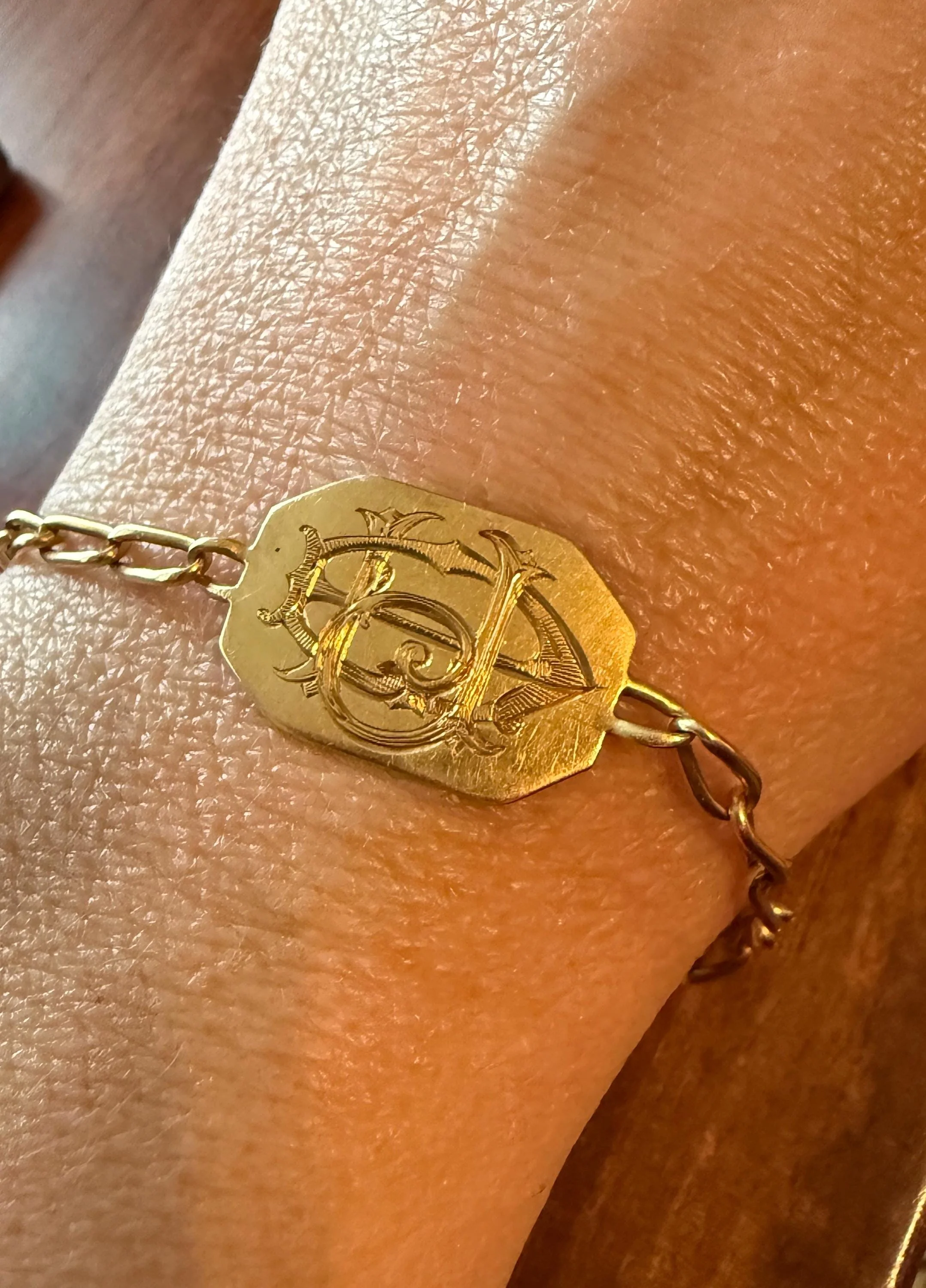 DATED 1902 December 21 Octagon Panel Engraved Initial Curb Chain Bracelet French Antique 18k Gold Solid Monogram E J D H P Letters - Image 4