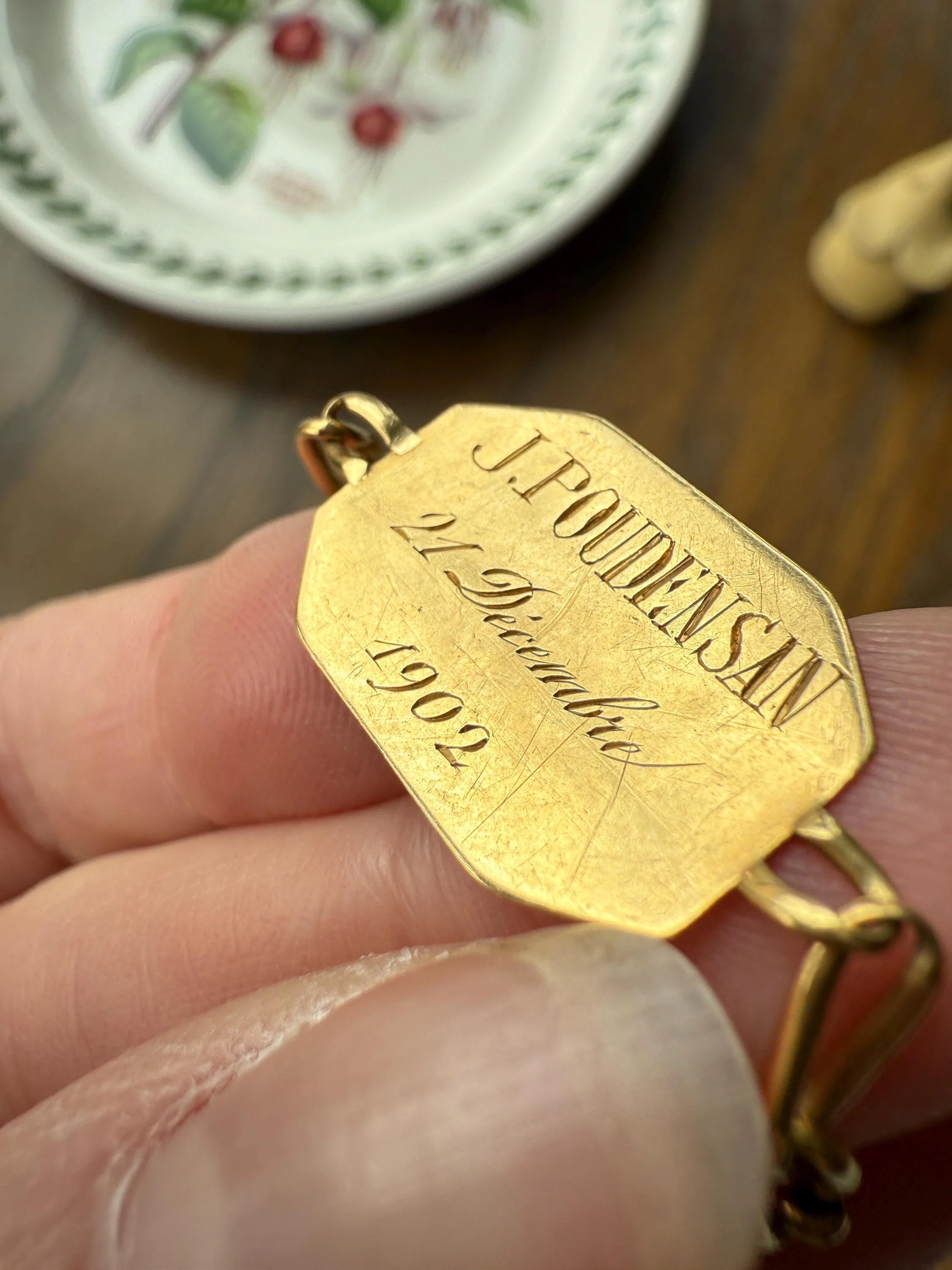 DATED 1902 December 21 Octagon Panel Engraved Initial Curb Chain Bracelet French Antique 18k Gold Solid Monogram E J D H P Letters - Image 5