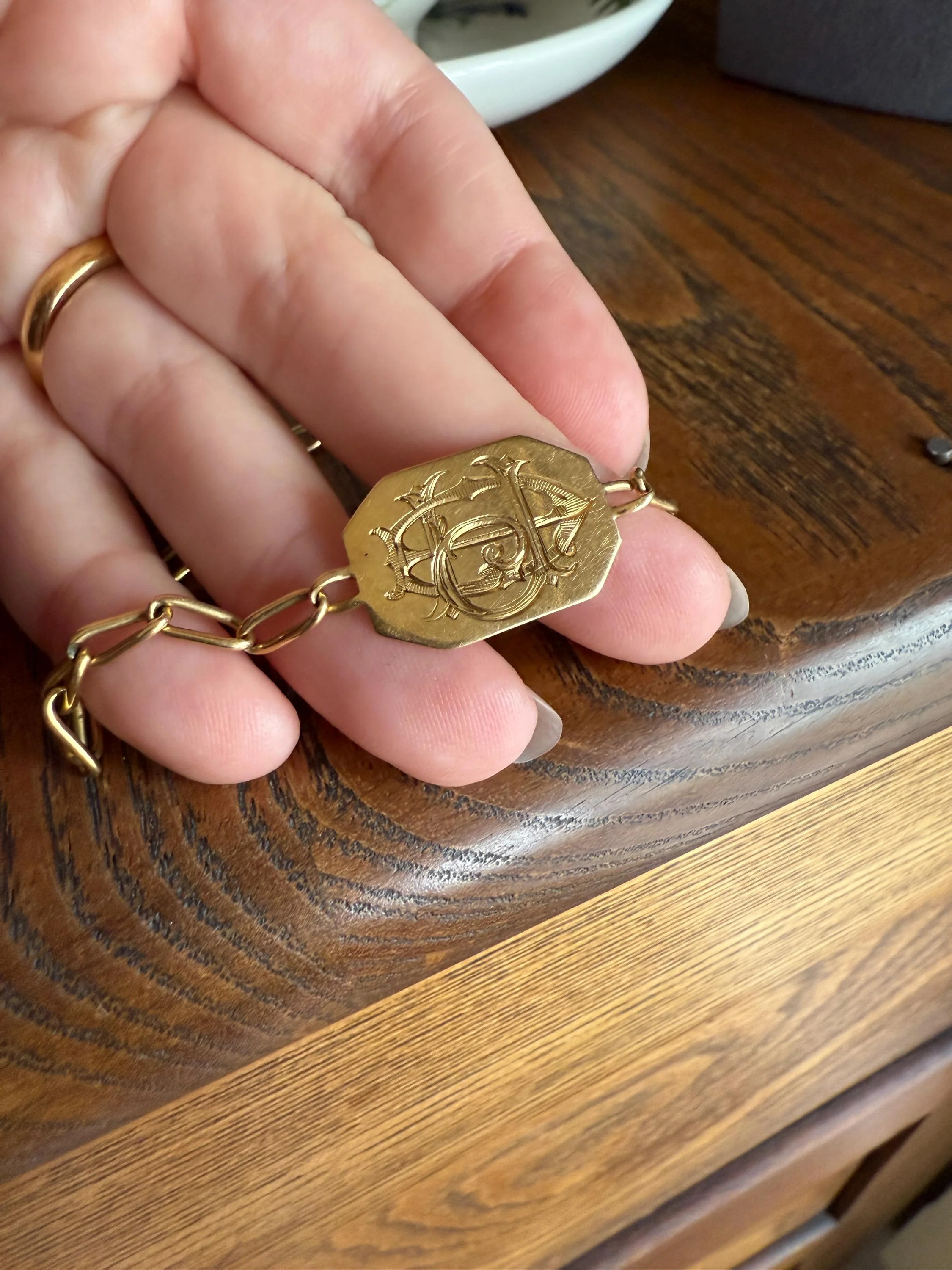 DATED 1902 December 21 Octagon Panel Engraved Initial Curb Chain Bracelet French Antique 18k Gold Solid Monogram E J D H P Letters - Image 6
