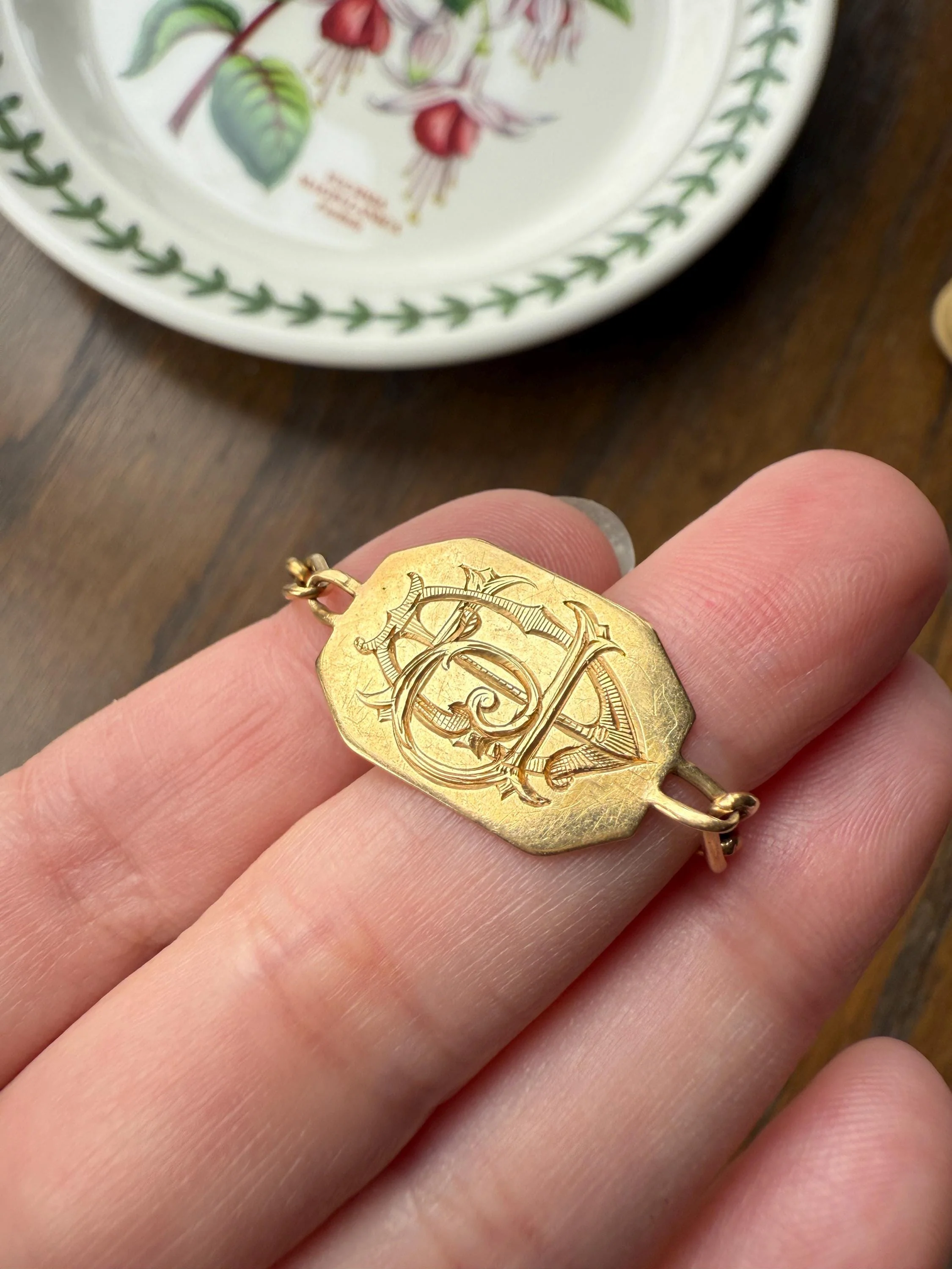 DATED 1902 December 21 Octagon Panel Engraved Initial Curb Chain Bracelet French Antique 18k Gold Solid Monogram E J D H P Letters - Image 7