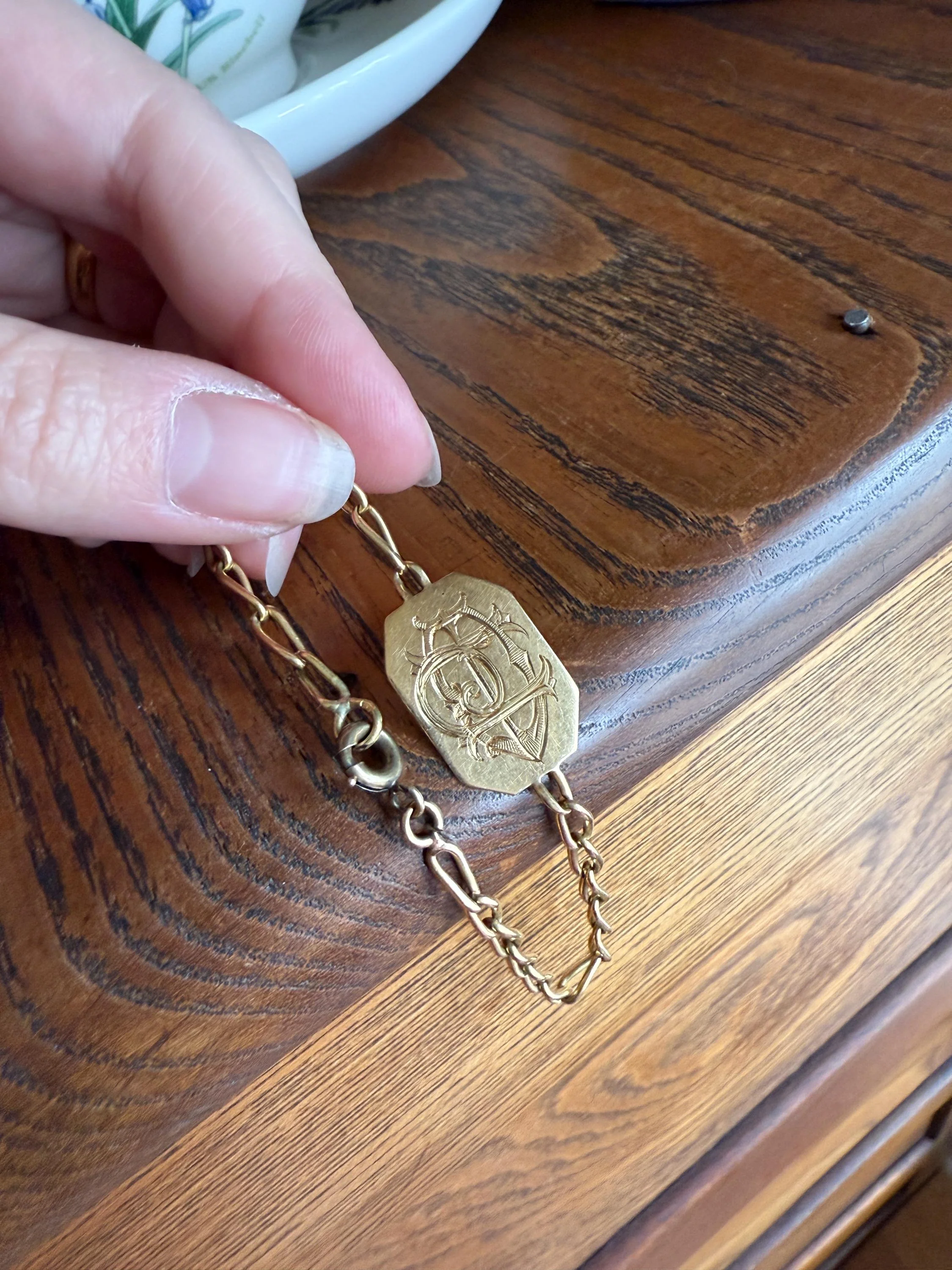 DATED 1902 December 21 Octagon Panel Engraved Initial Curb Chain Bracelet French Antique 18k Gold Solid Monogram E J D H P Letters - Image 9