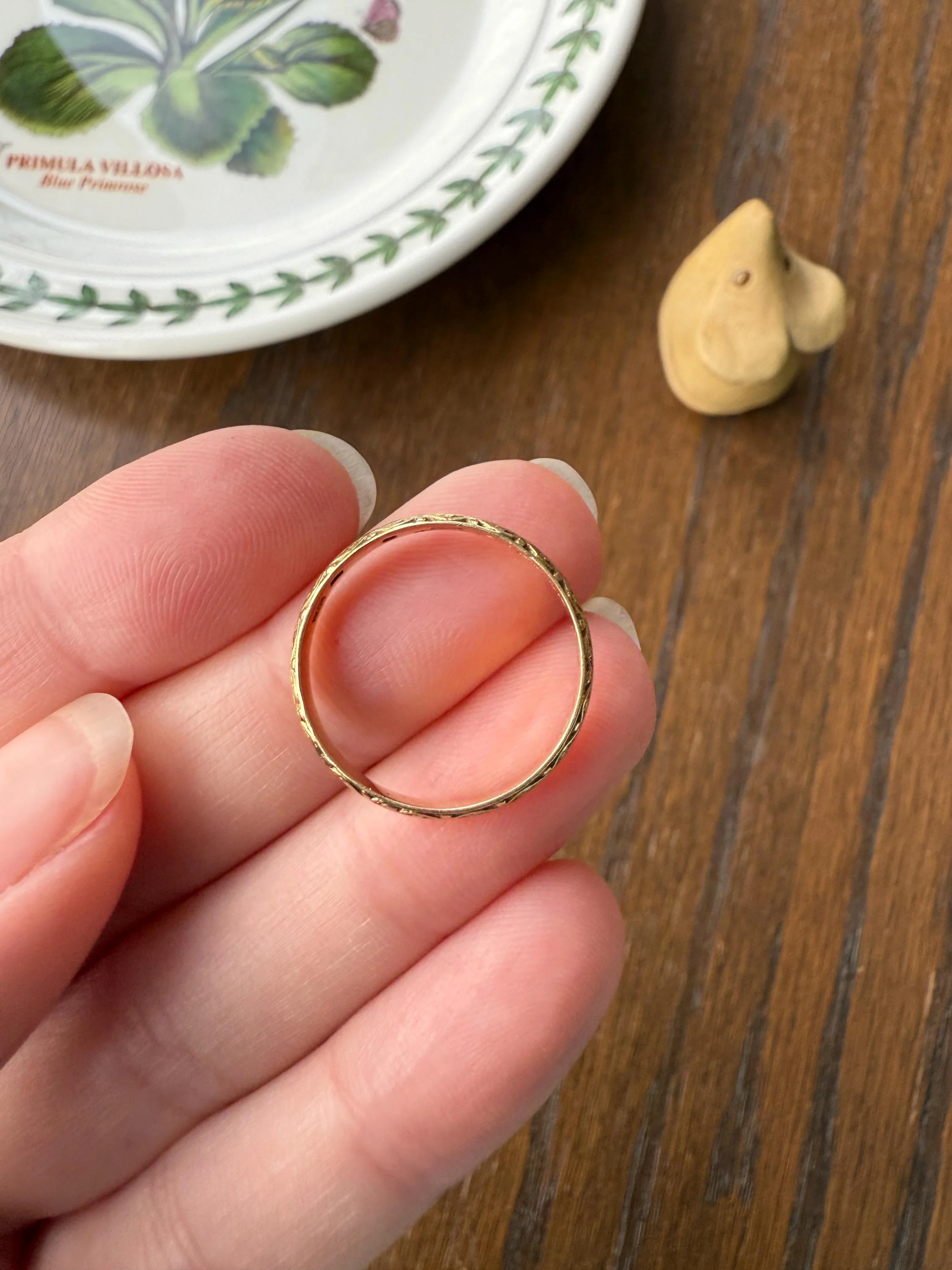 DATED Engraved Vintage Wedding Band Vertical Edge Engraving December 1937 Ornate Swirl Stacker 14k Gold Solid Ring Art Deco - Image 12
