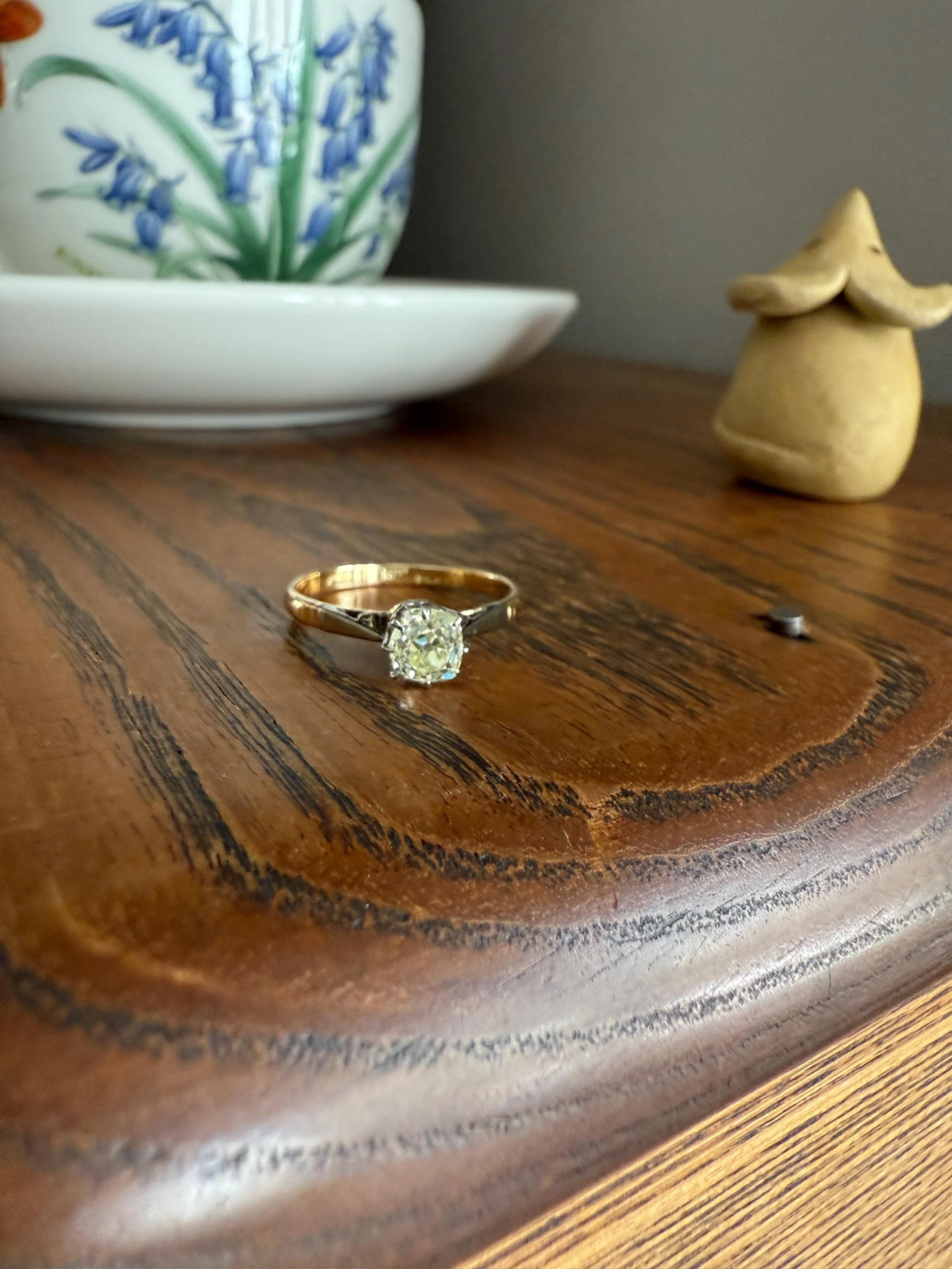 Delicious Eye Clean Fancy Light Greenish Yellow Antique Chunky .67 Carat Old Mine Cut Diamond Solitaire Engagement Ring 18k Gold Platinum Edwardian - Image 10