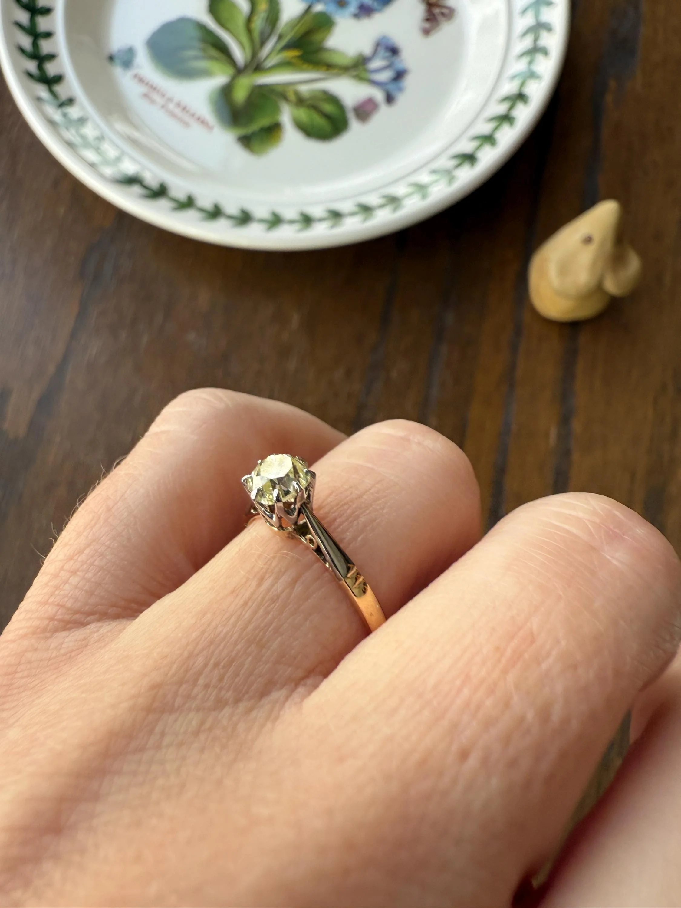 Delicious Eye Clean Fancy Light Greenish Yellow Antique Chunky .67 Carat Old Mine Cut Diamond Solitaire Engagement Ring 18k Gold Platinum Edwardian - Image 12