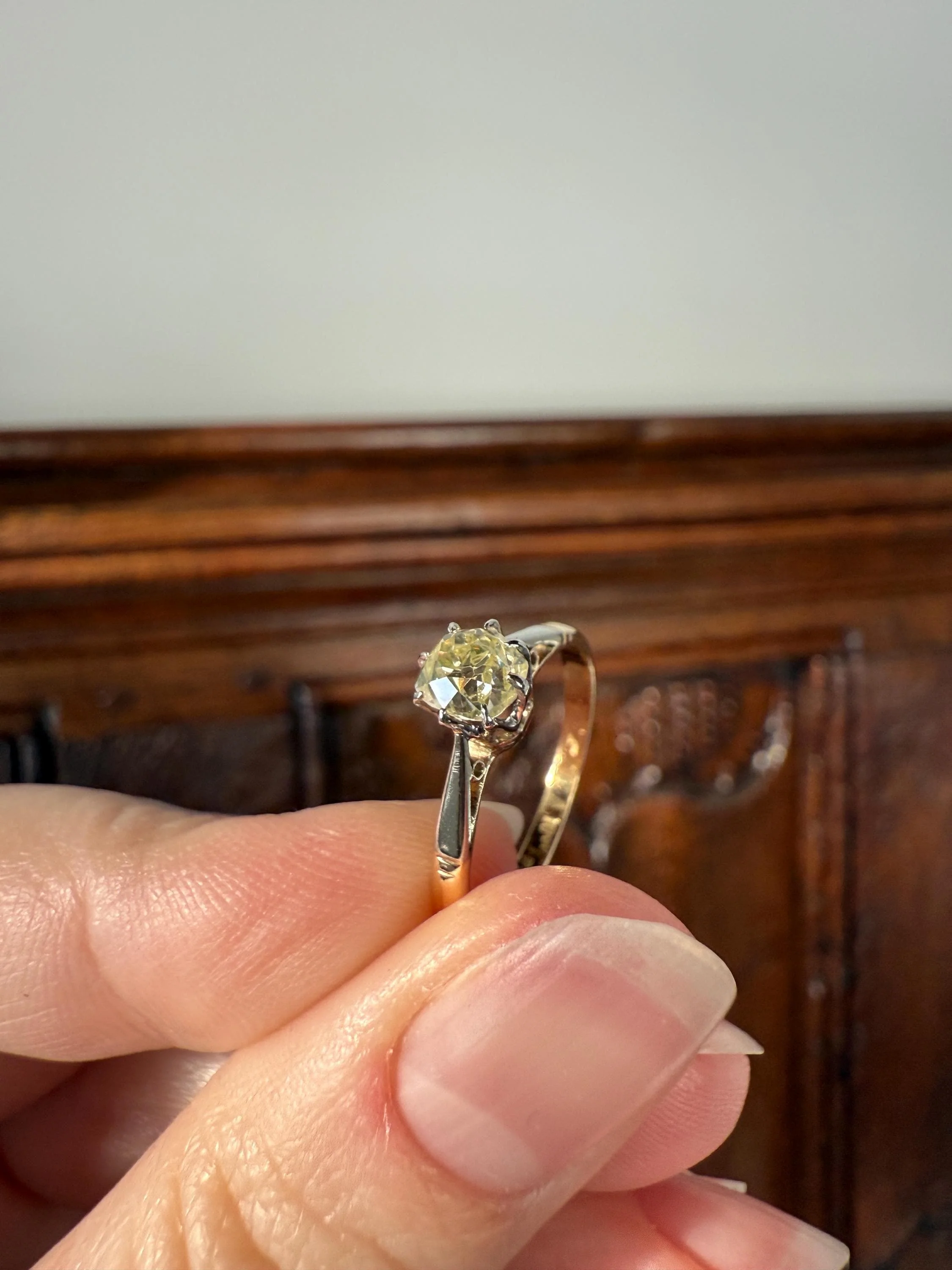 Delicious Eye Clean Fancy Light Greenish Yellow Antique Chunky .67 Carat Old Mine Cut Diamond Solitaire Engagement Ring 18k Gold Platinum Edwardian - Image 2
