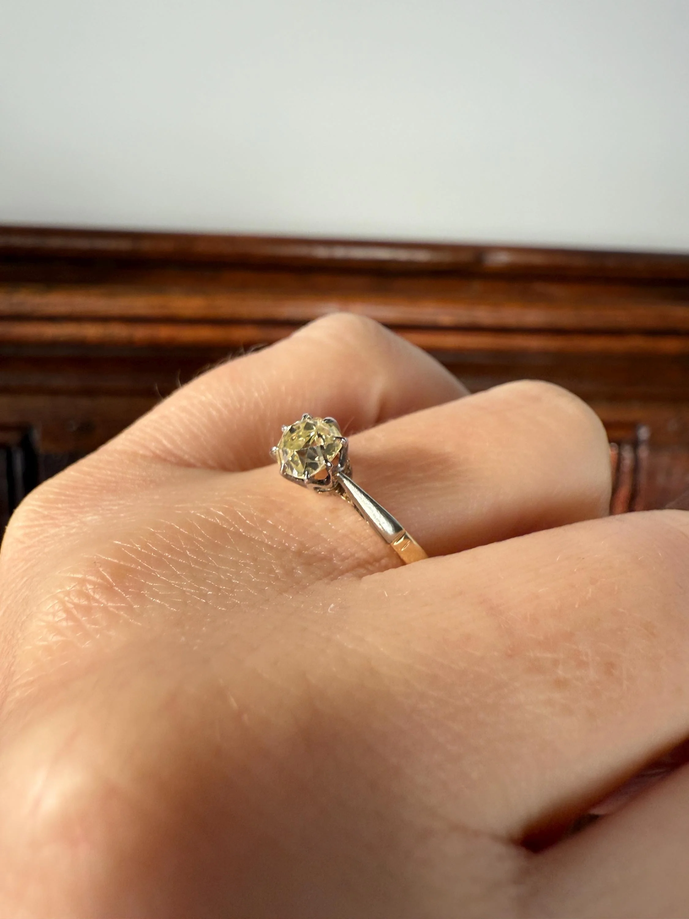 Delicious Eye Clean Fancy Light Greenish Yellow Antique Chunky .67 Carat Old Mine Cut Diamond Solitaire Engagement Ring 18k Gold Platinum Edwardian - Image 3