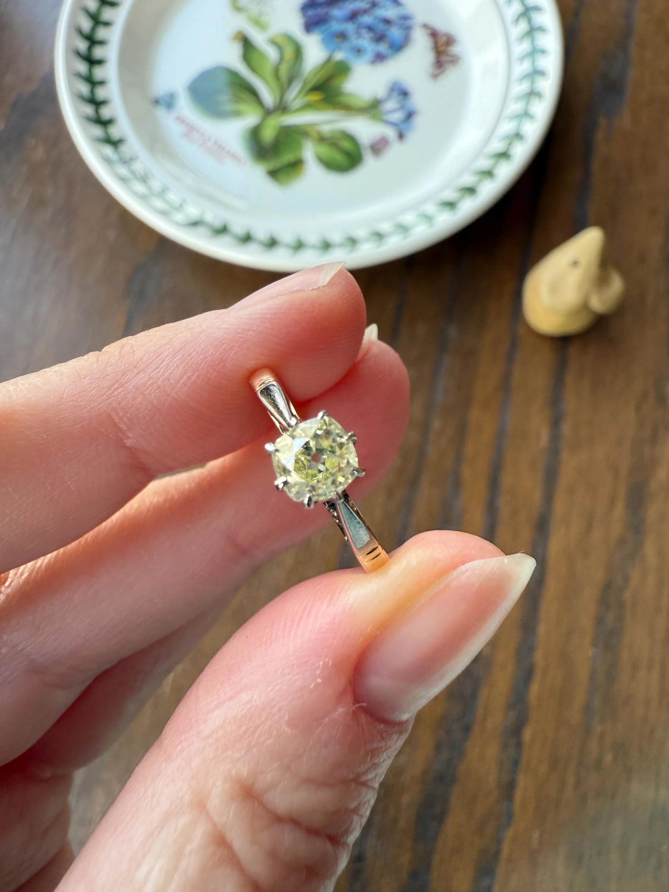 Delicious Eye Clean Fancy Light Greenish Yellow Antique Chunky .67 Carat Old Mine Cut Diamond Solitaire Engagement Ring 18k Gold Platinum Edwardian - Image 4