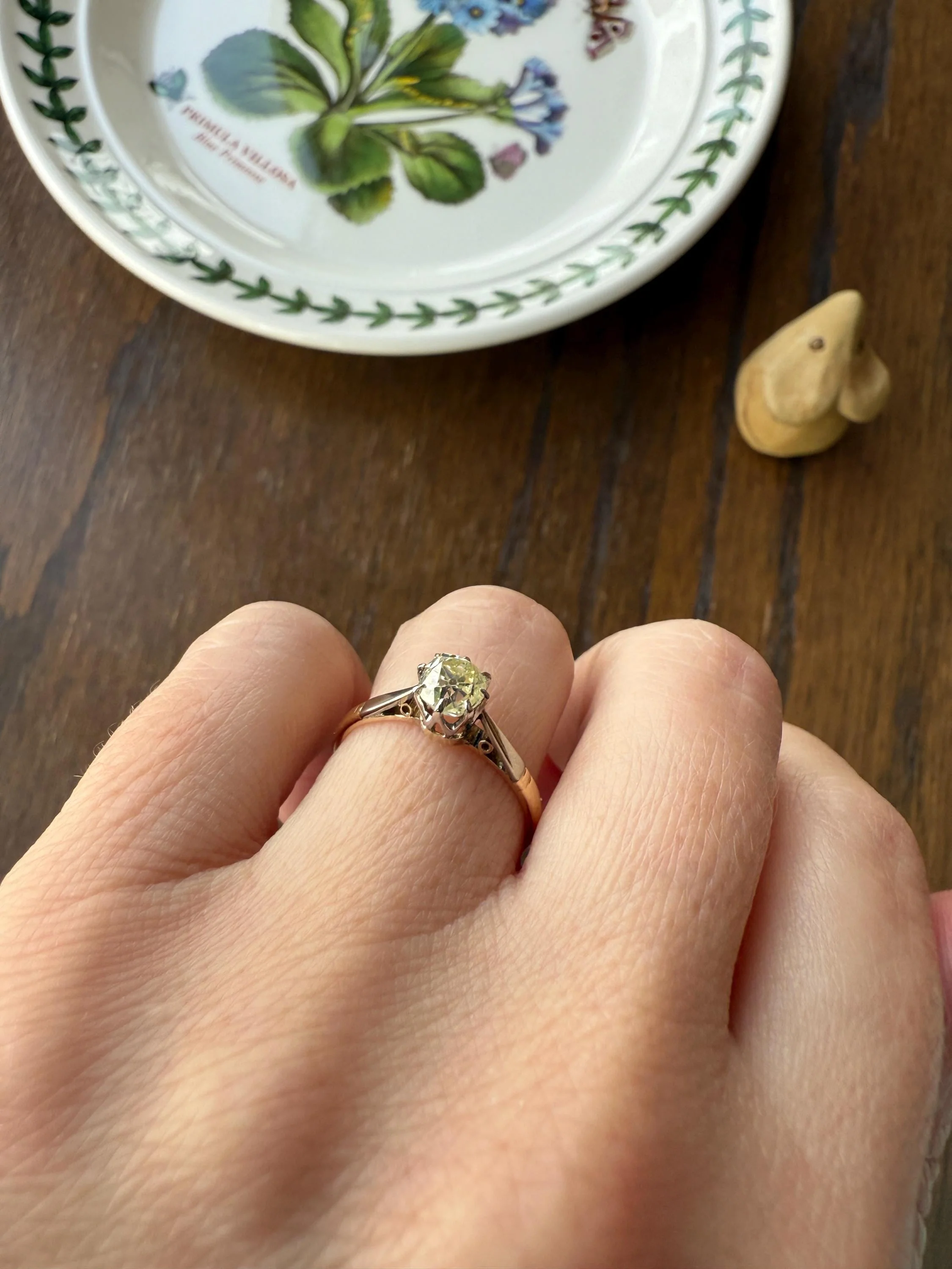 Delicious Eye Clean Fancy Light Greenish Yellow Antique Chunky .67 Carat Old Mine Cut Diamond Solitaire Engagement Ring 18k Gold Platinum Edwardian - Image 6