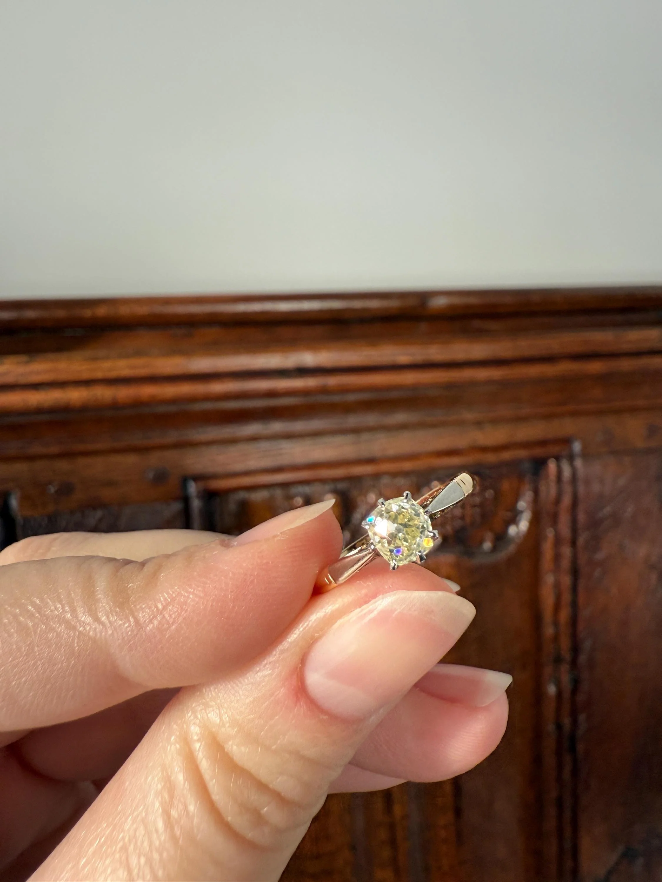 Delicious Eye Clean Fancy Light Greenish Yellow Antique Chunky .67 Carat Old Mine Cut Diamond Solitaire Engagement Ring 18k Gold Platinum Edwardian - Image 9