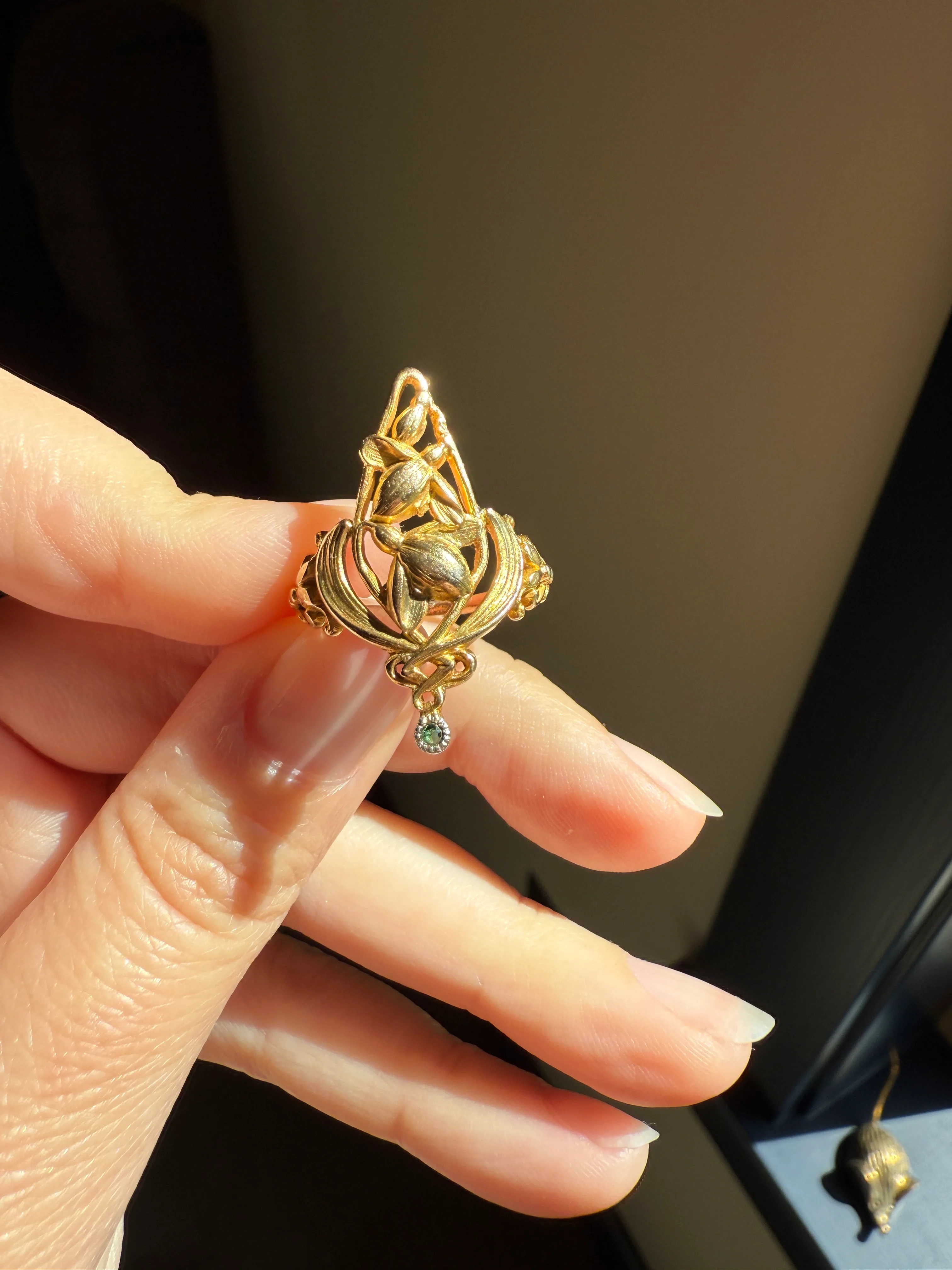 Delicious Floral French Art NOUVEAU Antique Belle Epoque Rose SWIRL Whiplash 18k Gold Ring Large 1.1" - Image 13