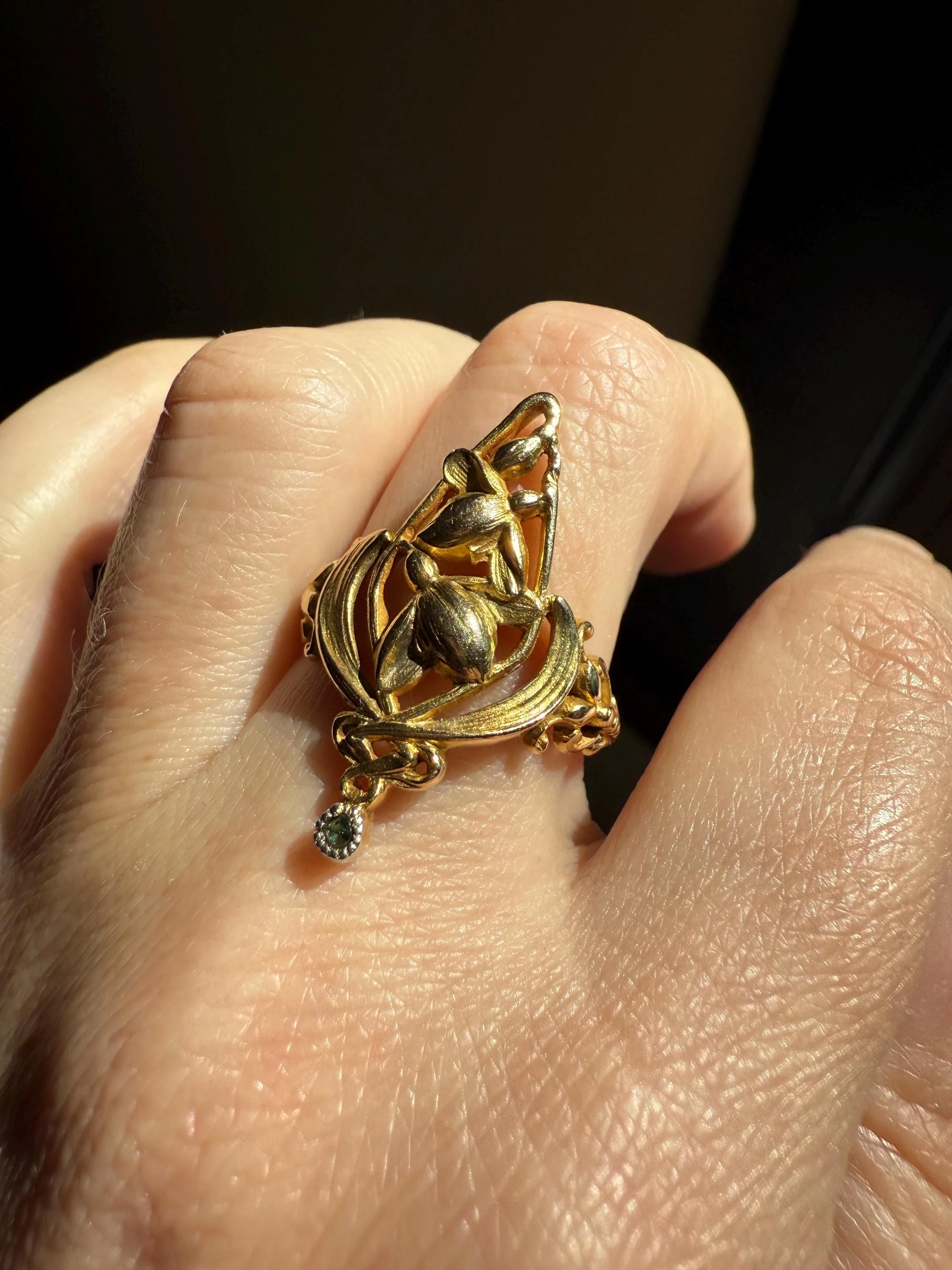 Delicious Floral French Art NOUVEAU Antique Belle Epoque Rose SWIRL Whiplash 18k Gold Ring Large 1.1" - Image 2
